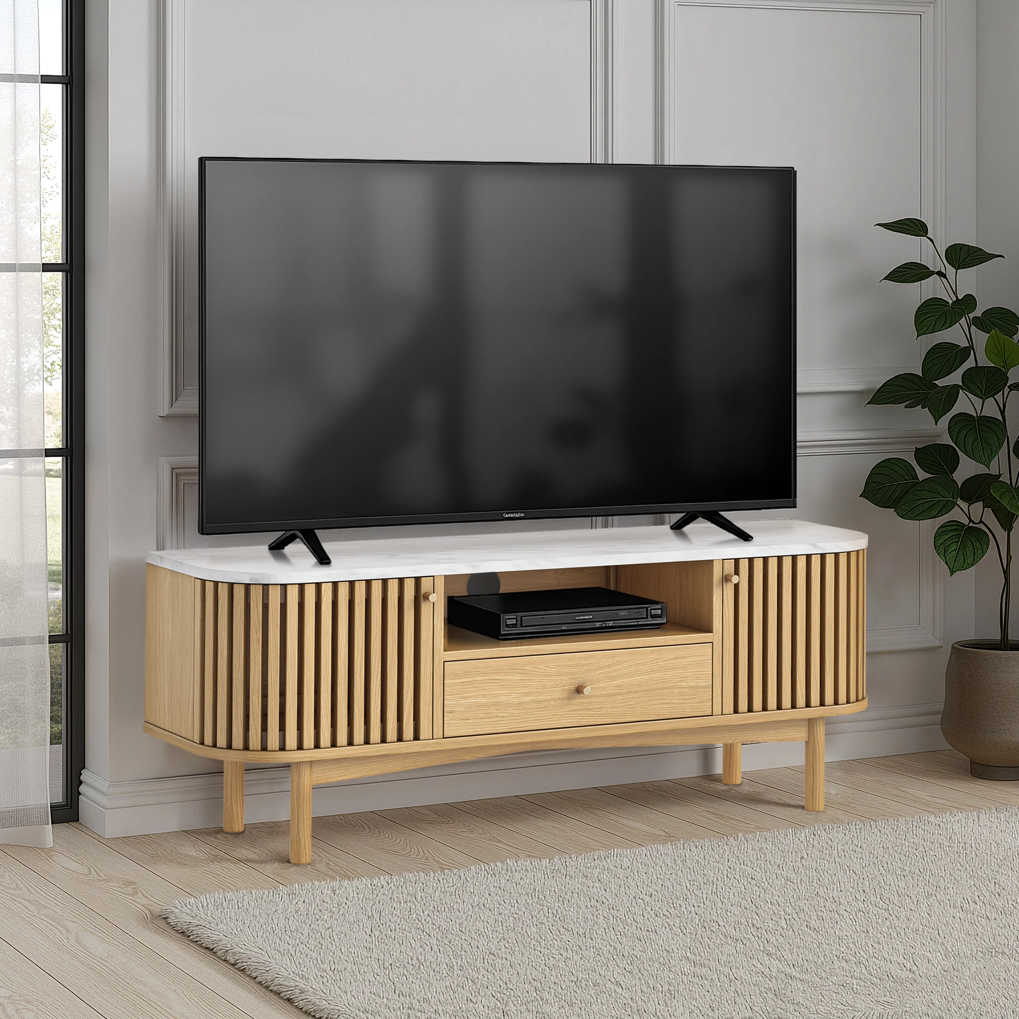 Shorwell Oak & Marble Slatted 130cm TV Unit - Image 2