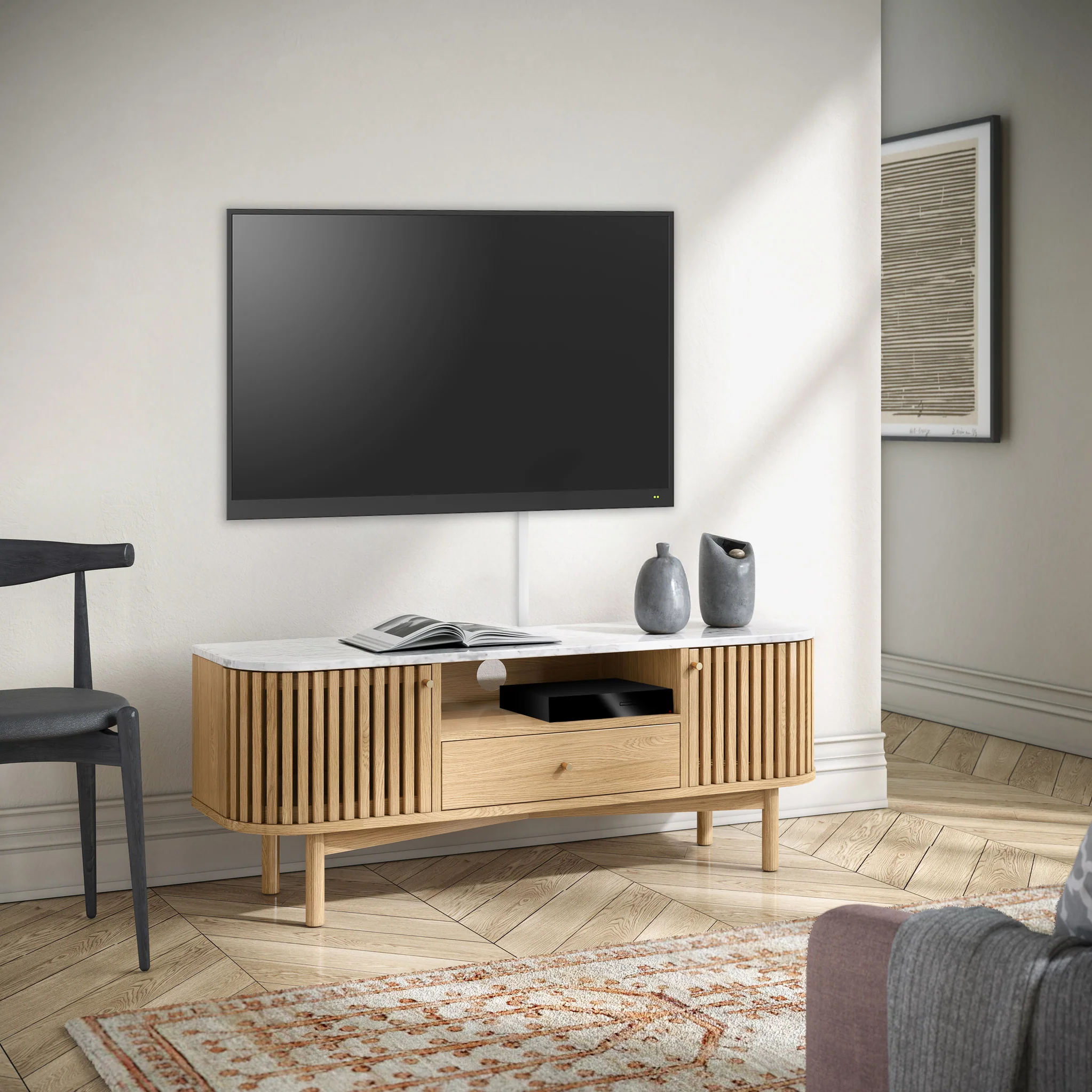 Shorwell Oak & Marble Slatted 130cm TV Unit - Image 5