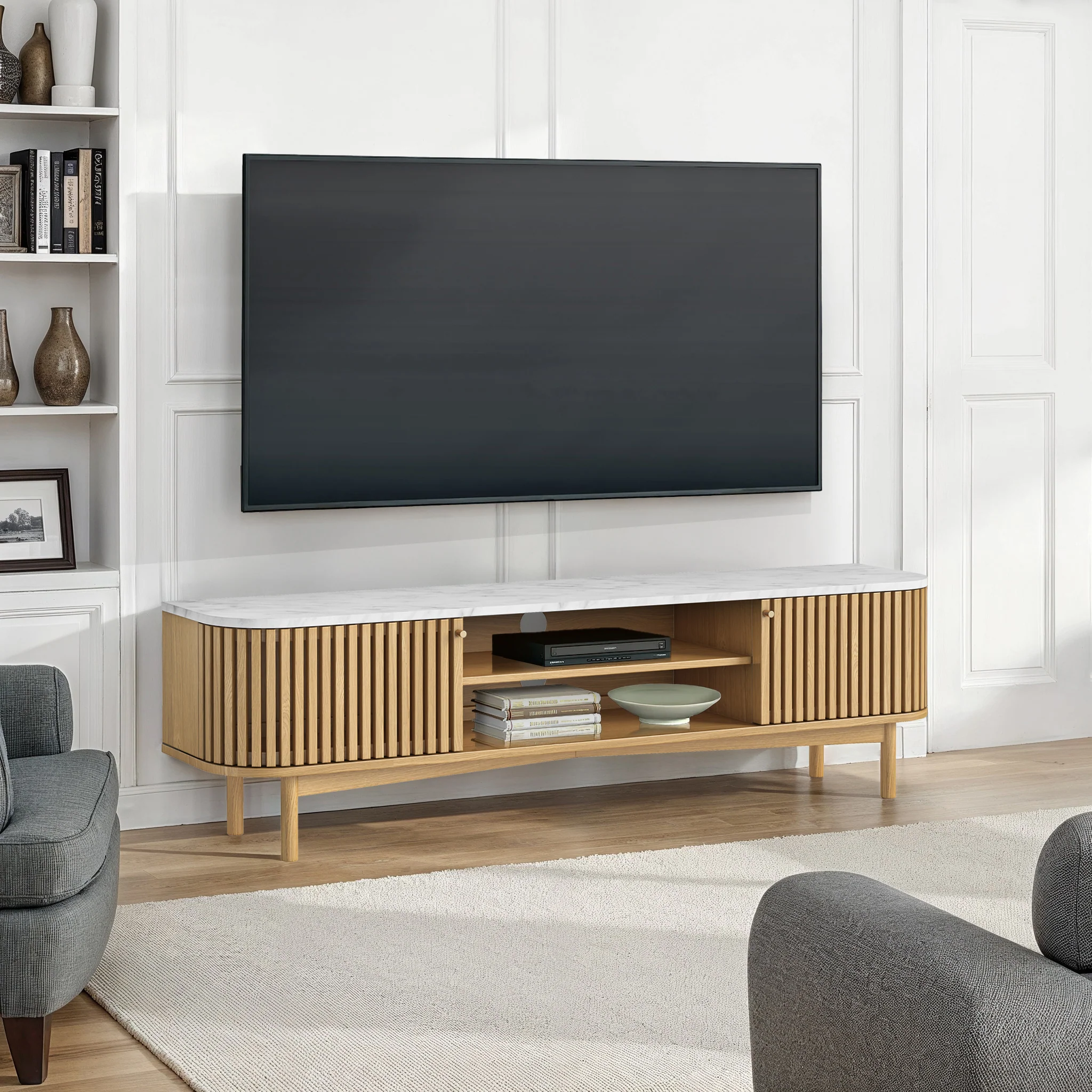 Shorwell Oak & Marble Slatted 180cm TV Unit - Image 2