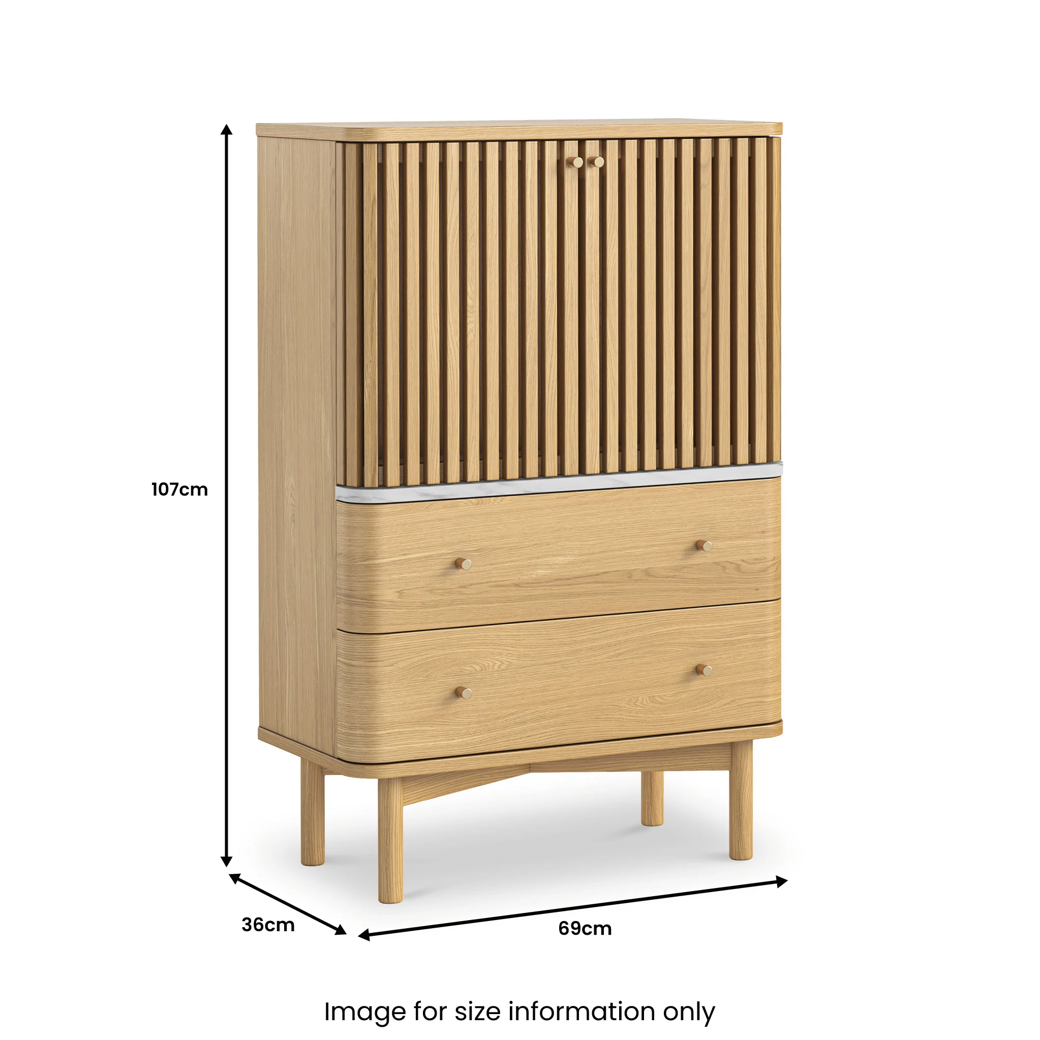 Shorwell Oak & Marble Slatted 2 Drawer 2 Door Cabinet - Image 4