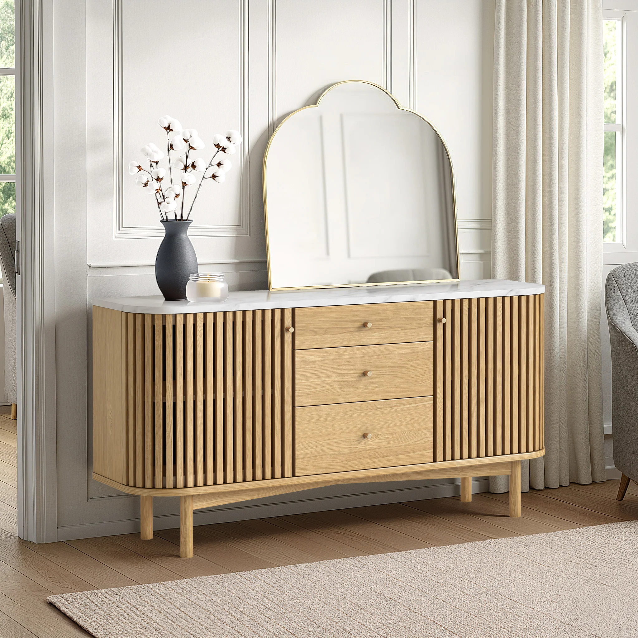 Shorwell Oak & Marble Slatted 3 Drawer Sideboard - Image 2