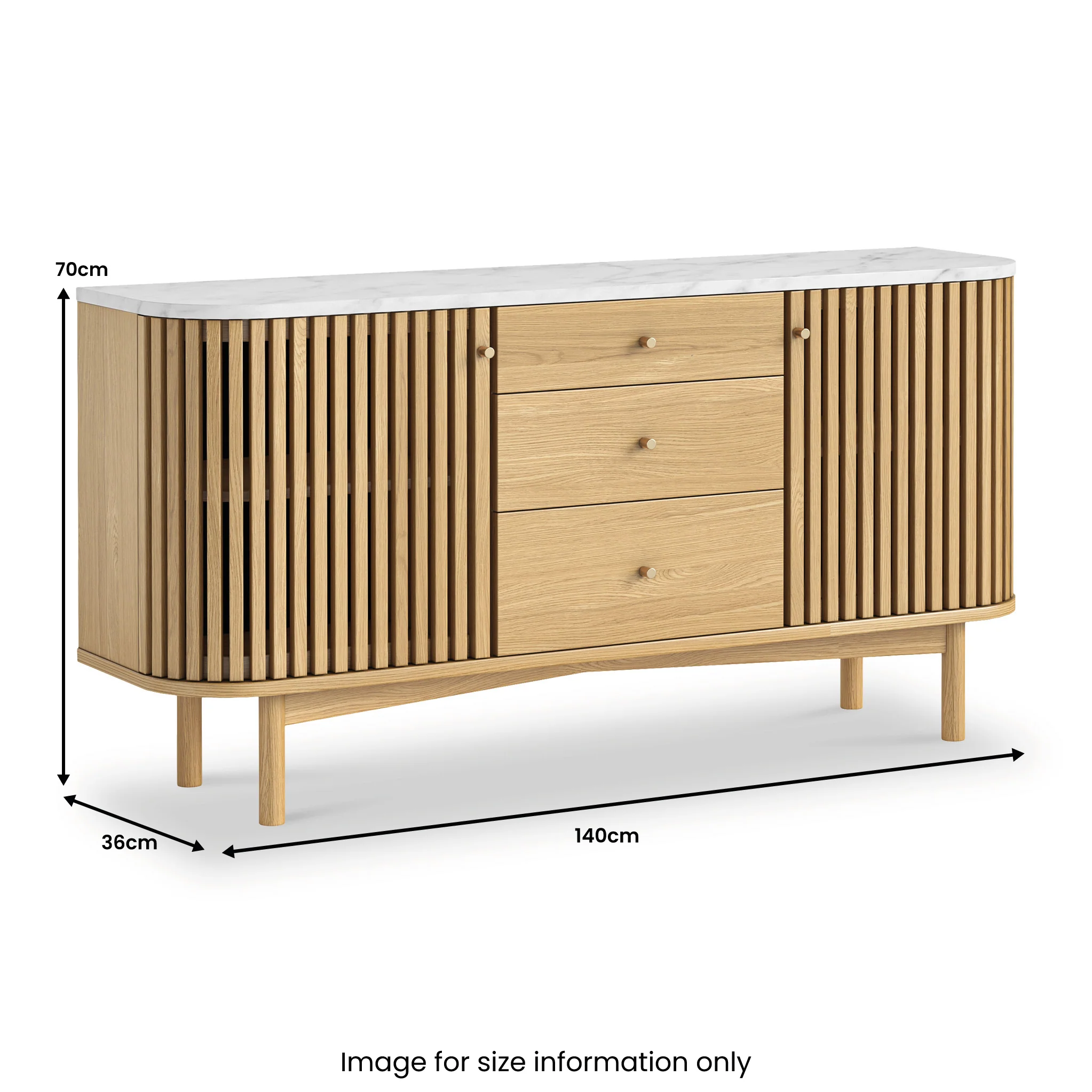 Shorwell Oak & Marble Slatted 3 Drawer Sideboard - Image 3