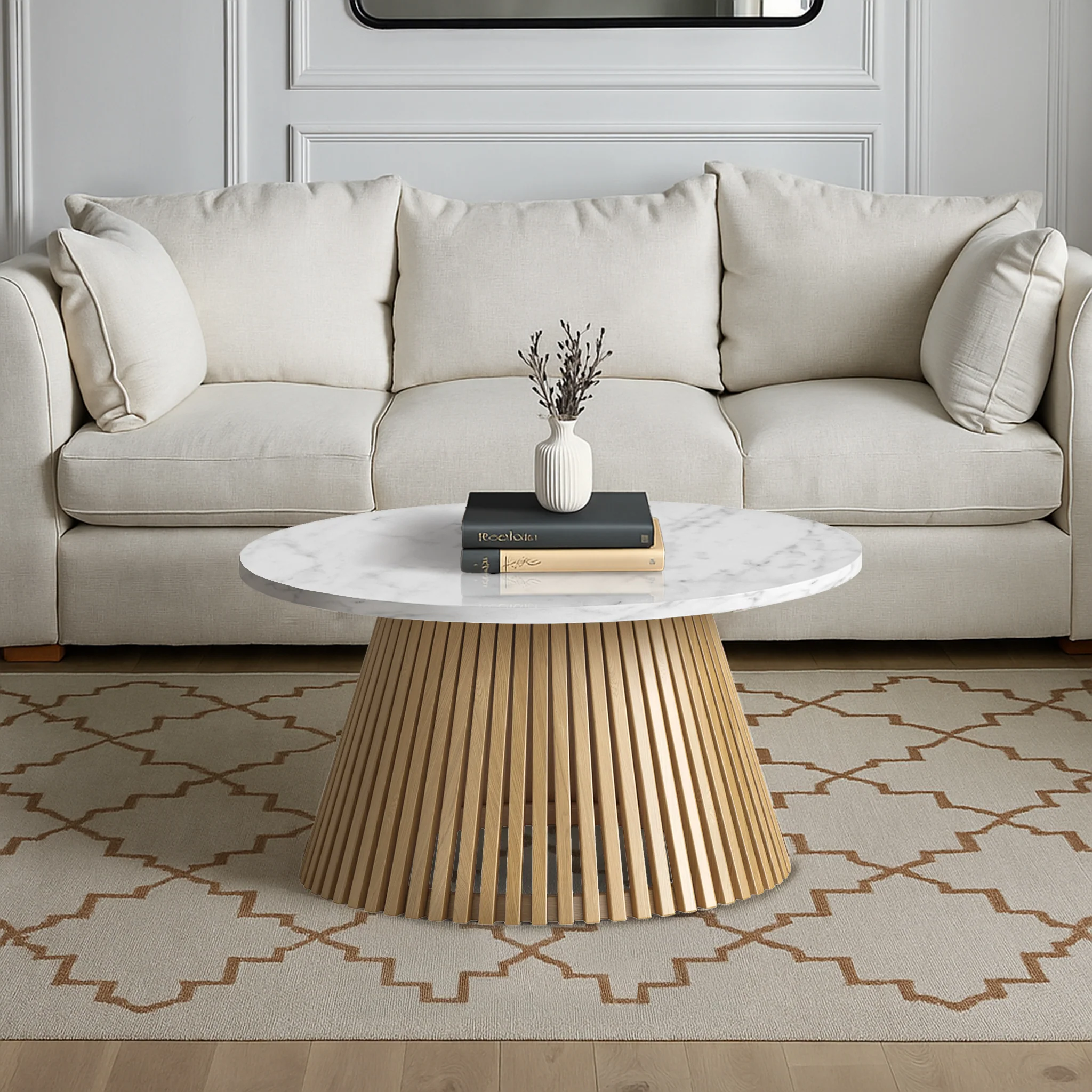 Shorwell Oak & Marble Slatted 80cm Round Coffee Table - Image 2