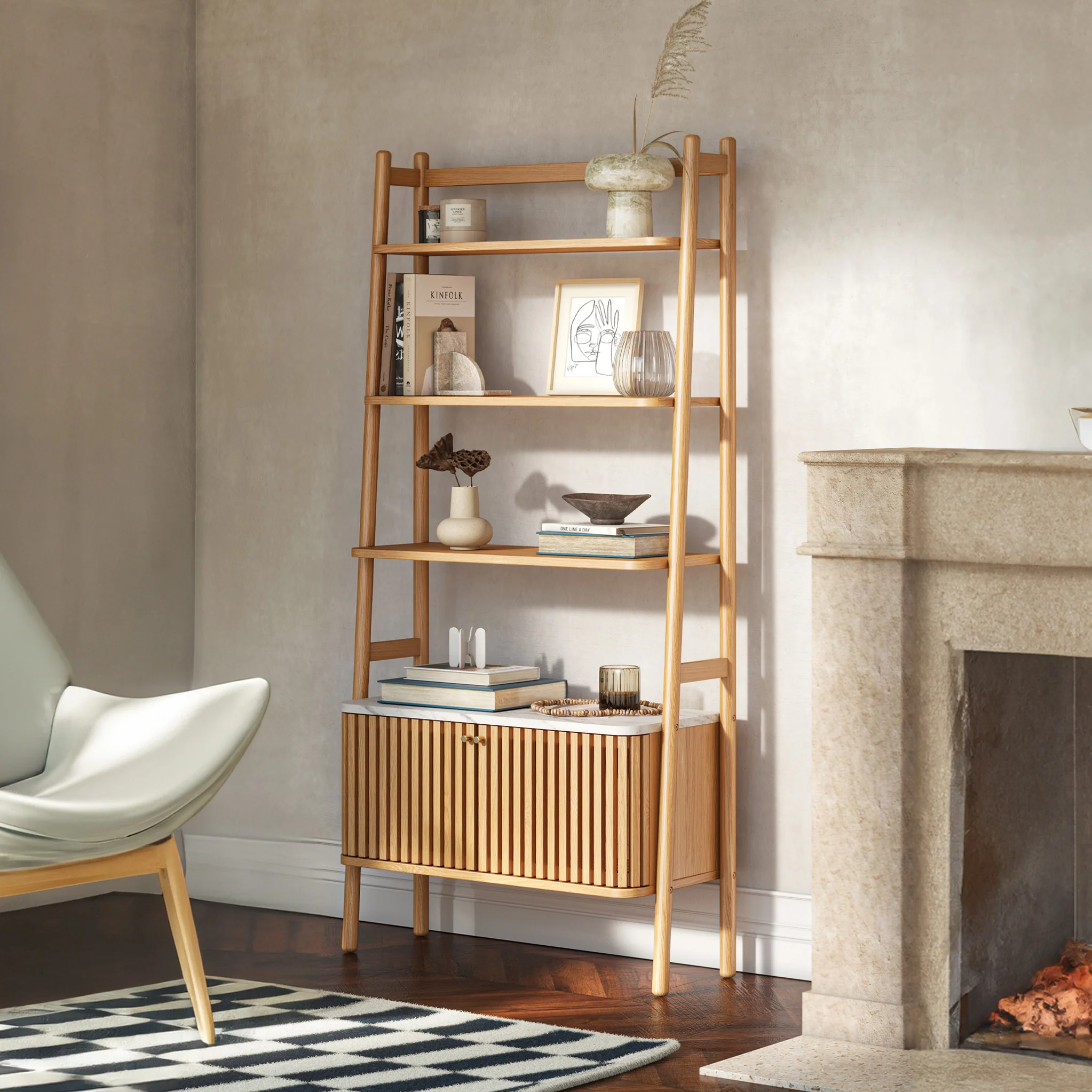 Shorwell Oak & Marble Bookcase with 2 Door Slatted Cupboard - Image 2