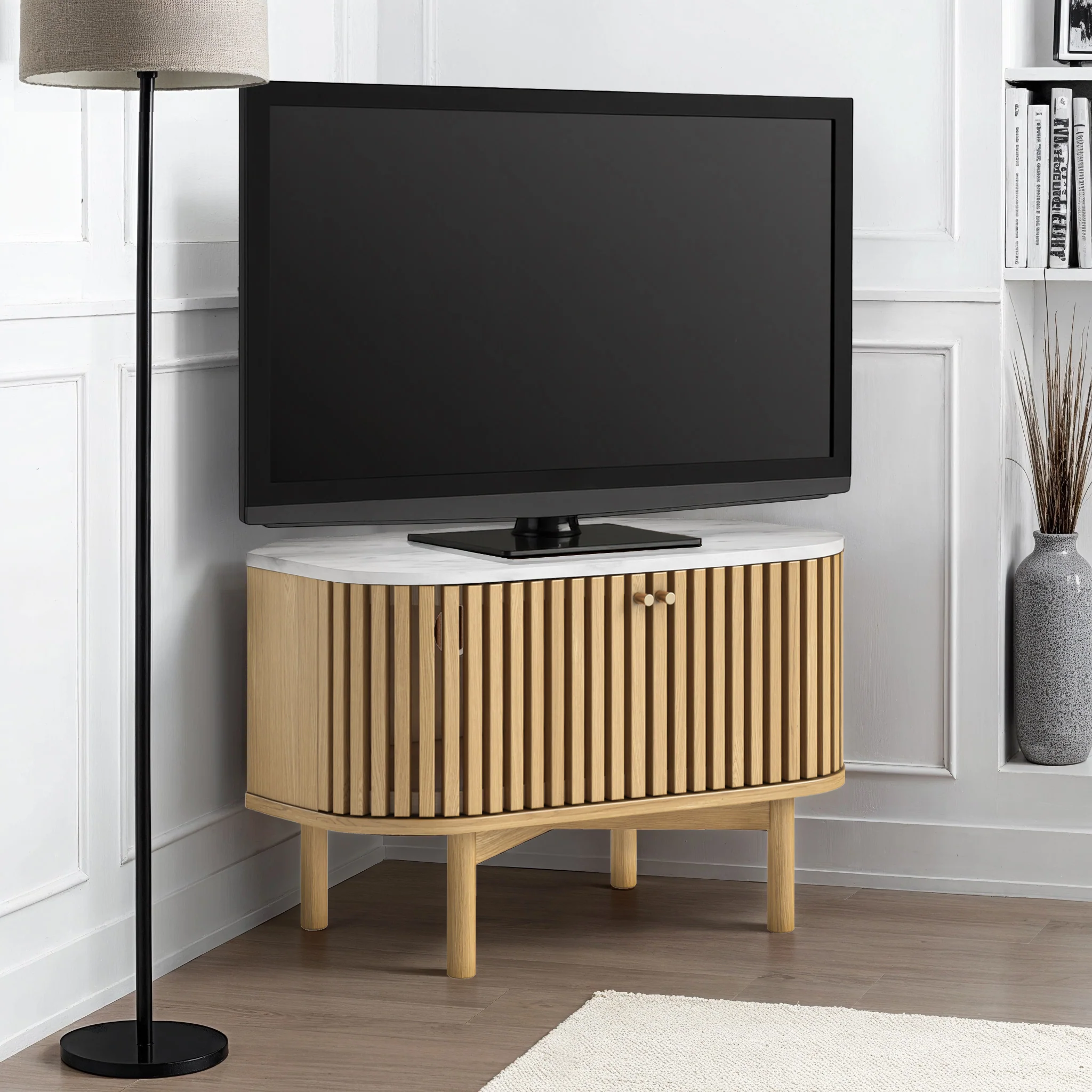 Shorwell Oak & Marble Slatted Corner TV Unit - Image 2