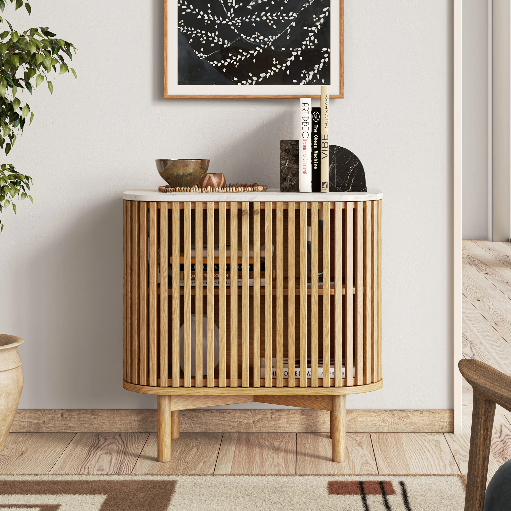 Shorwell Oak & Marble Slatted Cupboard - Image 2