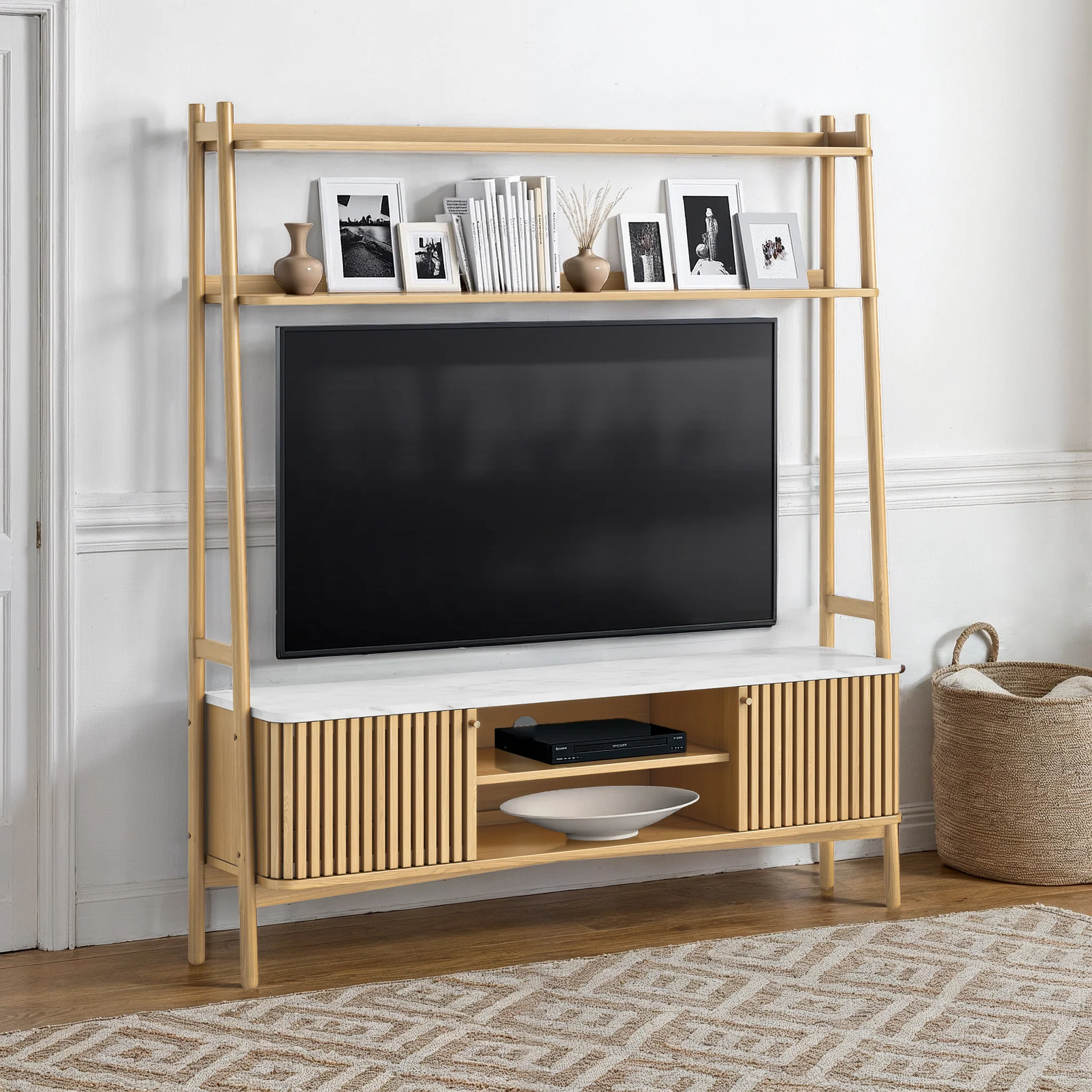 Shorwell Oak & Marble Slatted Large Ladder TV Unit - Image 2