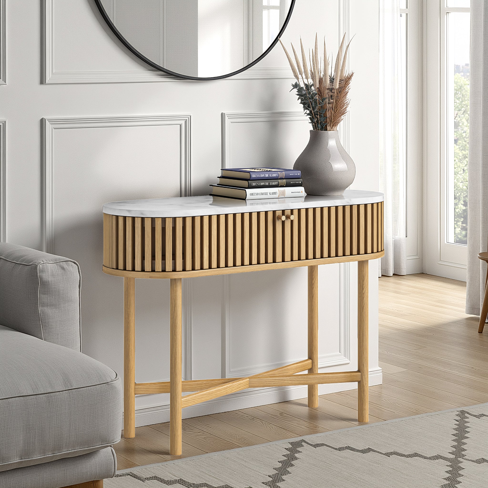 Shorwell Oak & Marble Slatted Oval Console Table - Image 2
