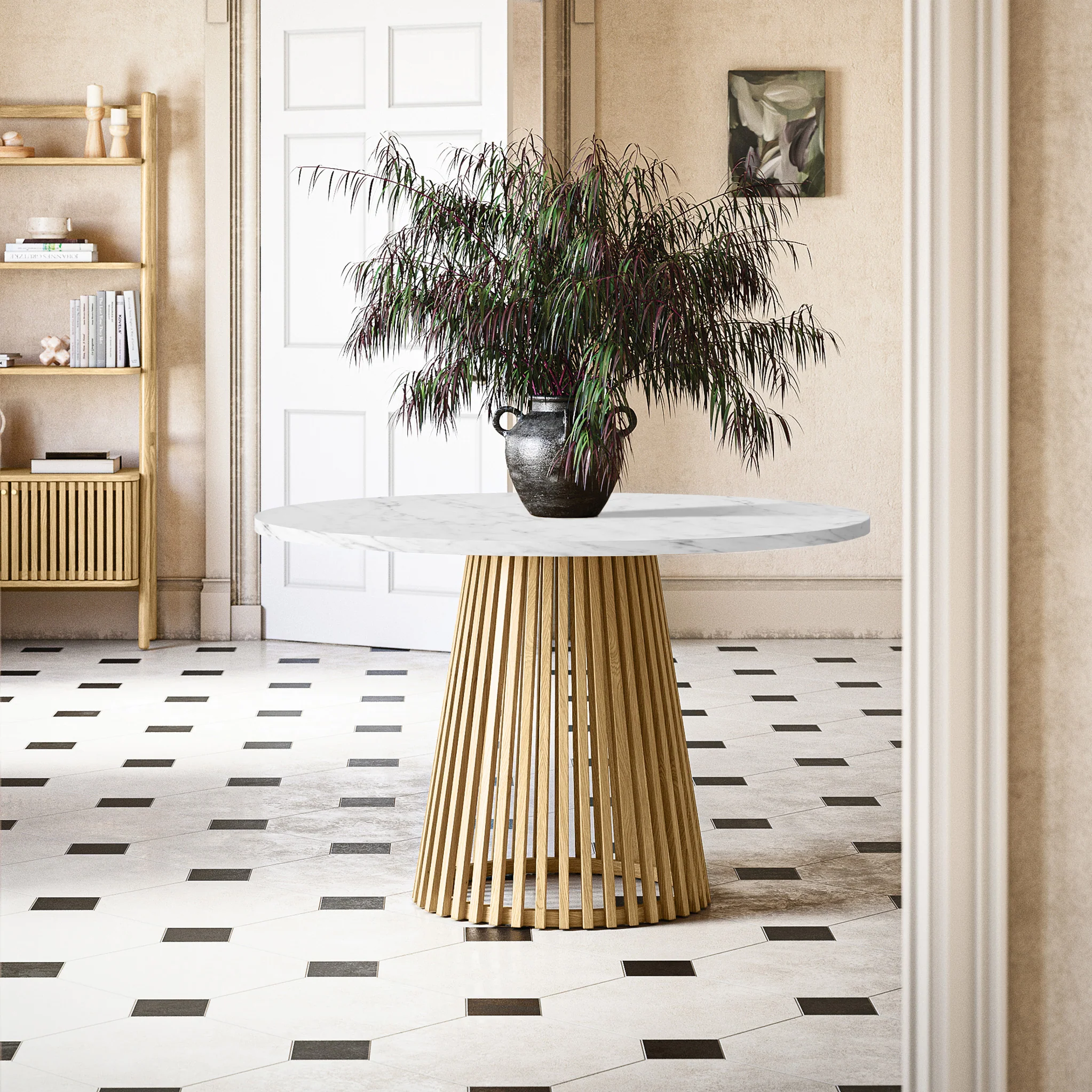 Shorwell Oak & Marble Slatted Round Dining Table - Image 2