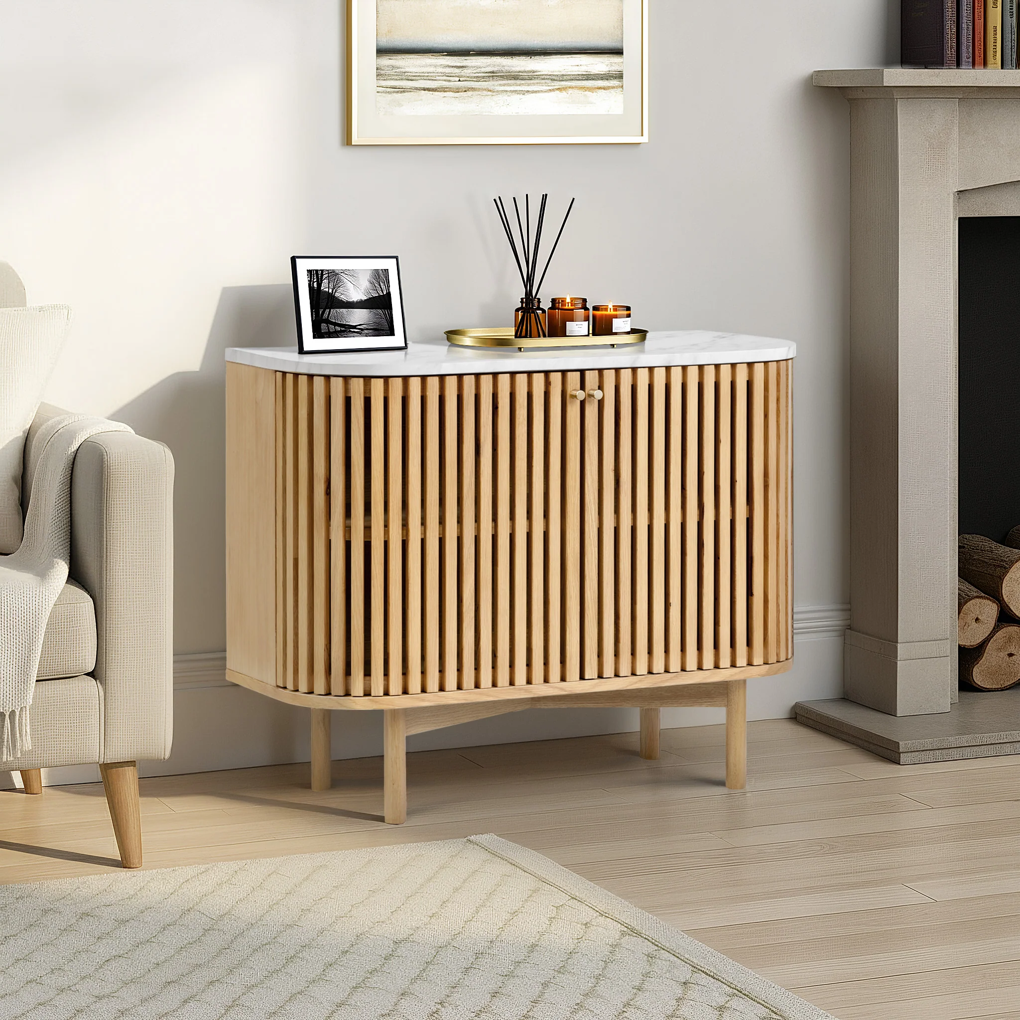Shorwell Oak & Marble Slatted Small Sideboard - Image 2