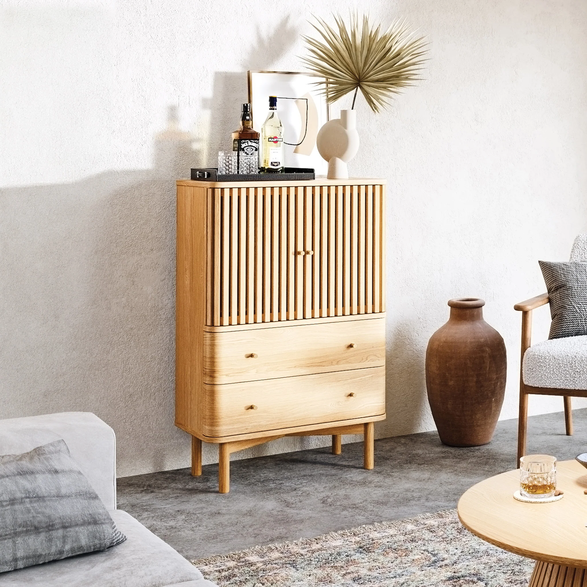 Shorwell Oak Slatted 2 Drawer 2 Door Cabinet - Image 15