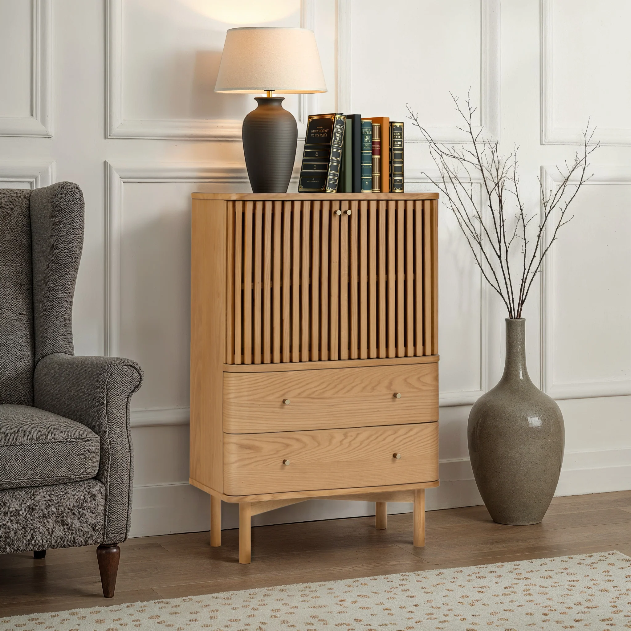 Shorwell Oak Slatted 2 Drawer 2 Door Cabinet - Image 2