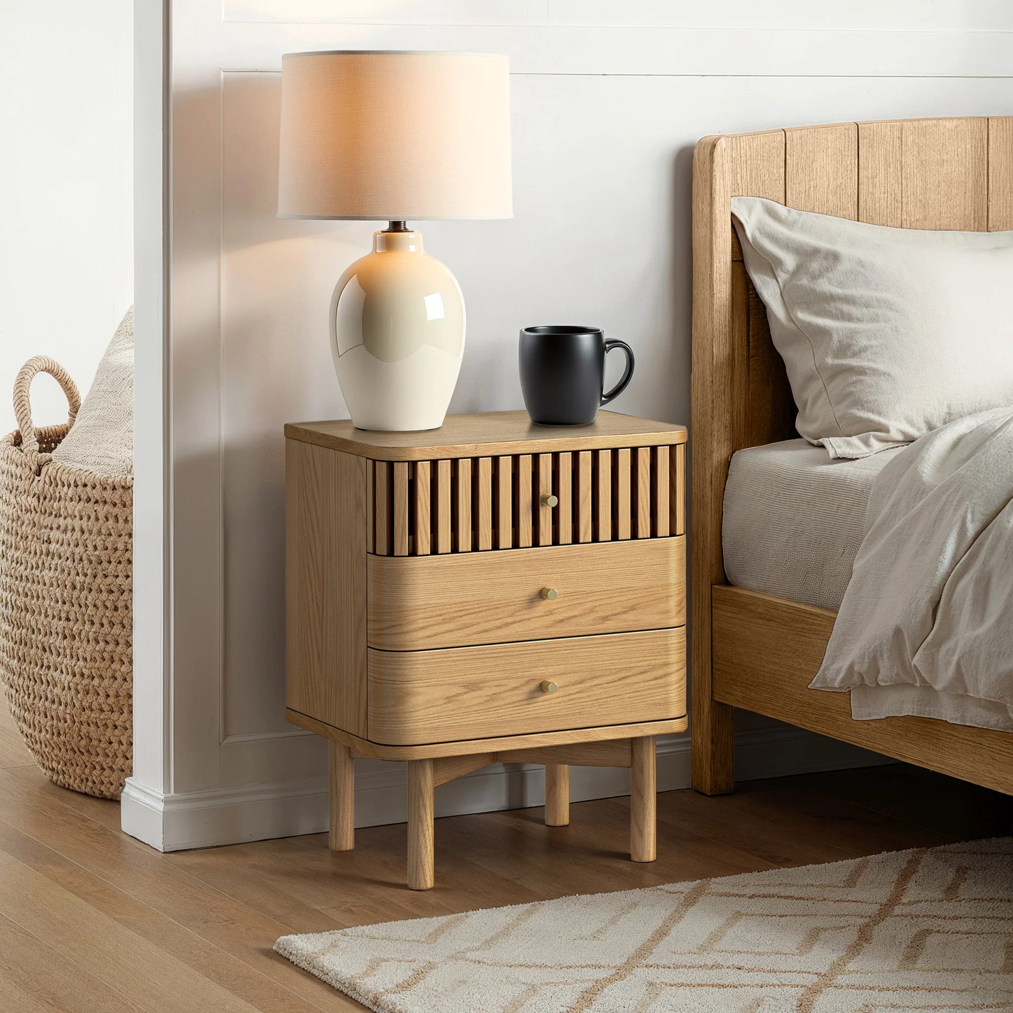 Shorwell Oak Slatted 3 Drawer Bedside Table - Image 2