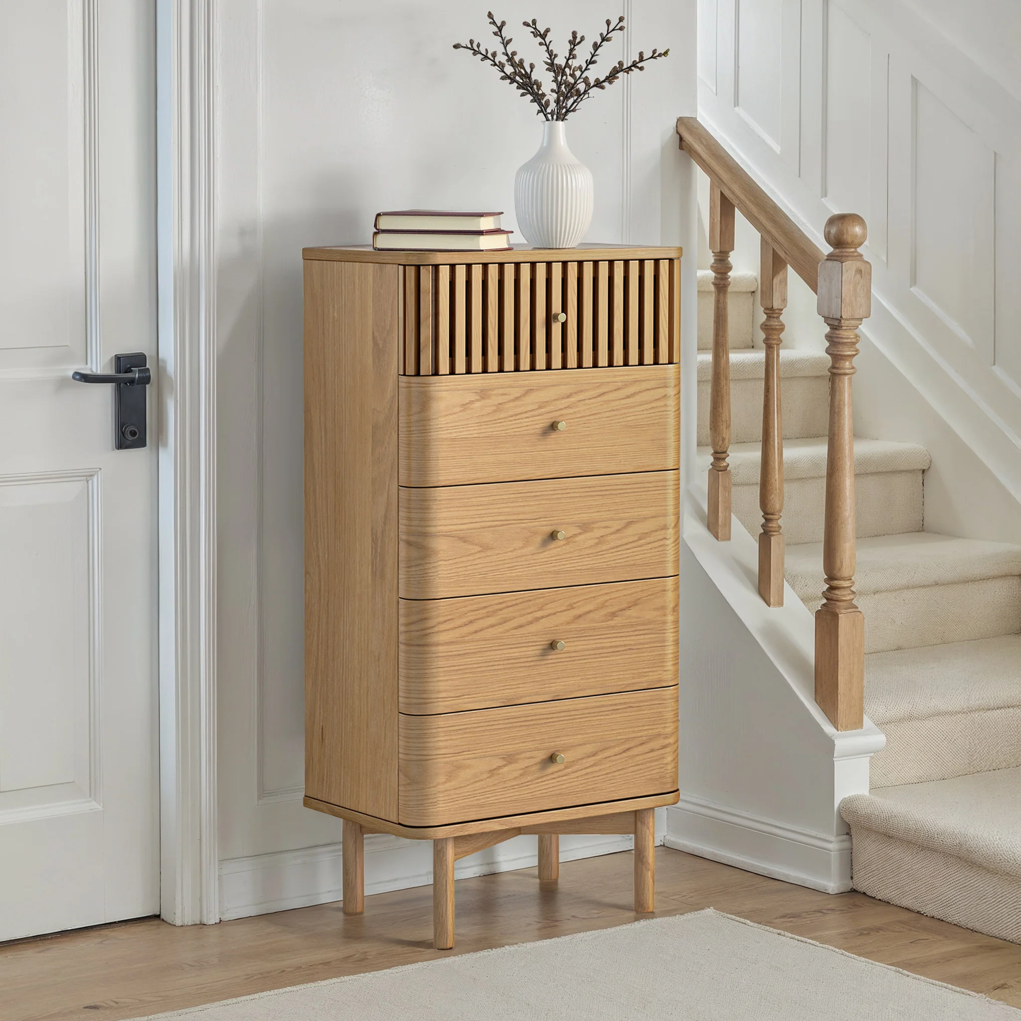 Shorwell Oak Slatted 5 Drawer Tallboy Chest - Image 2