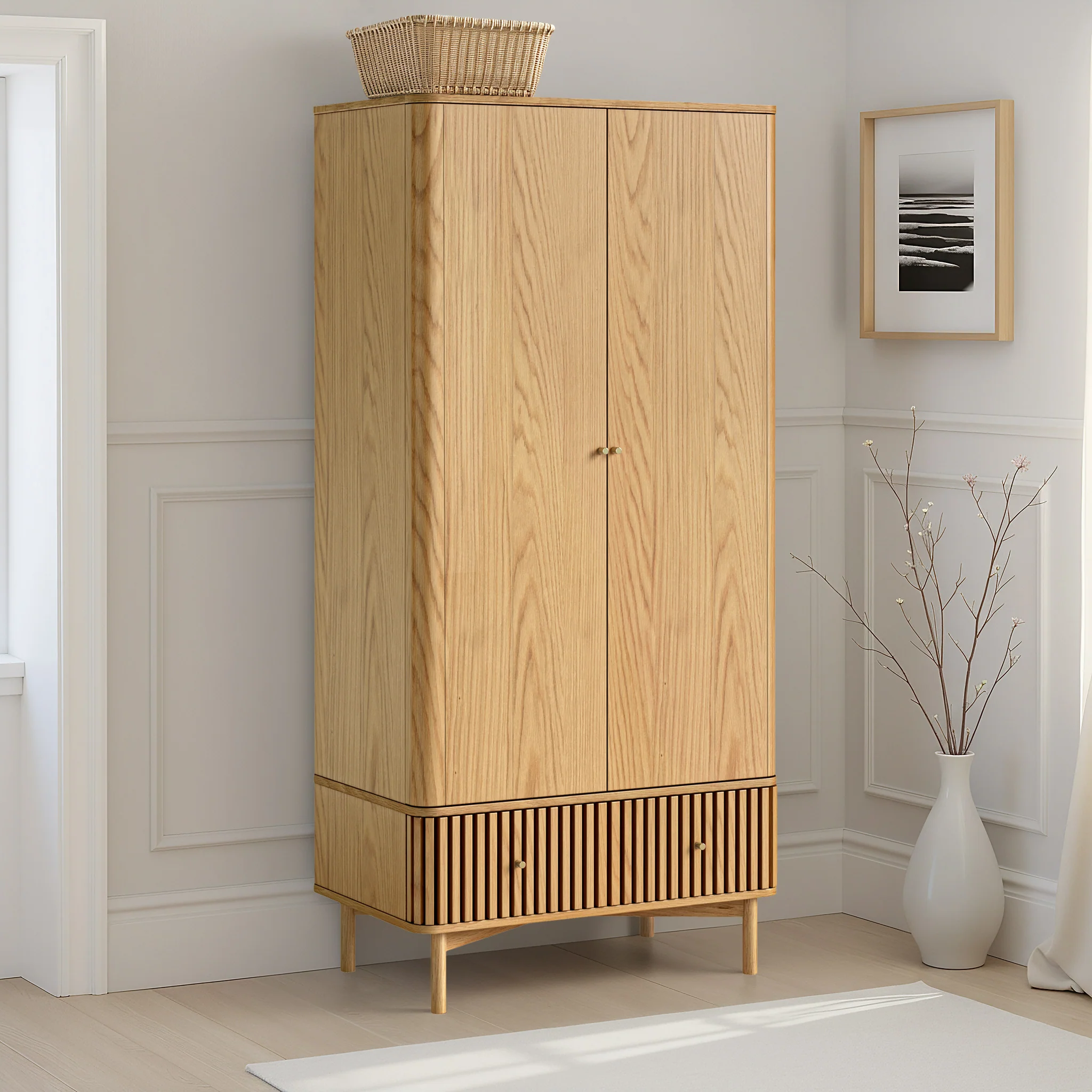 Shorwell Oak Slatted Double Wardrobe With Drawer - Image 2