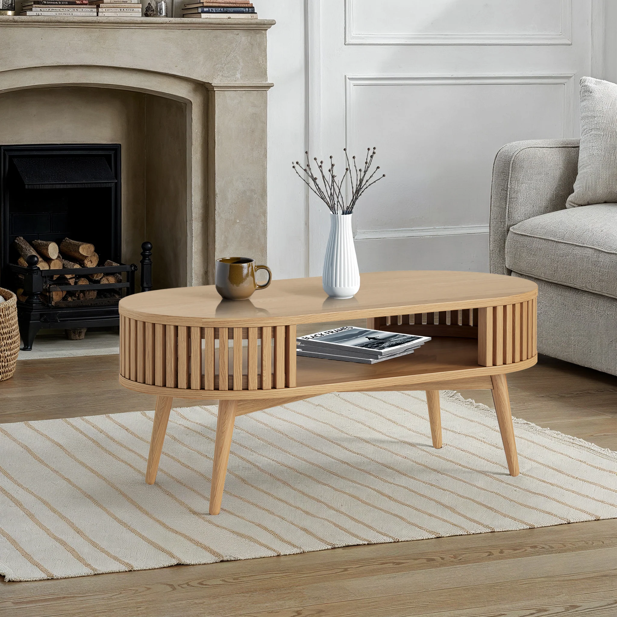 Shorwell Oak Slatted Open Shelf Oval Coffee Table - Image 2