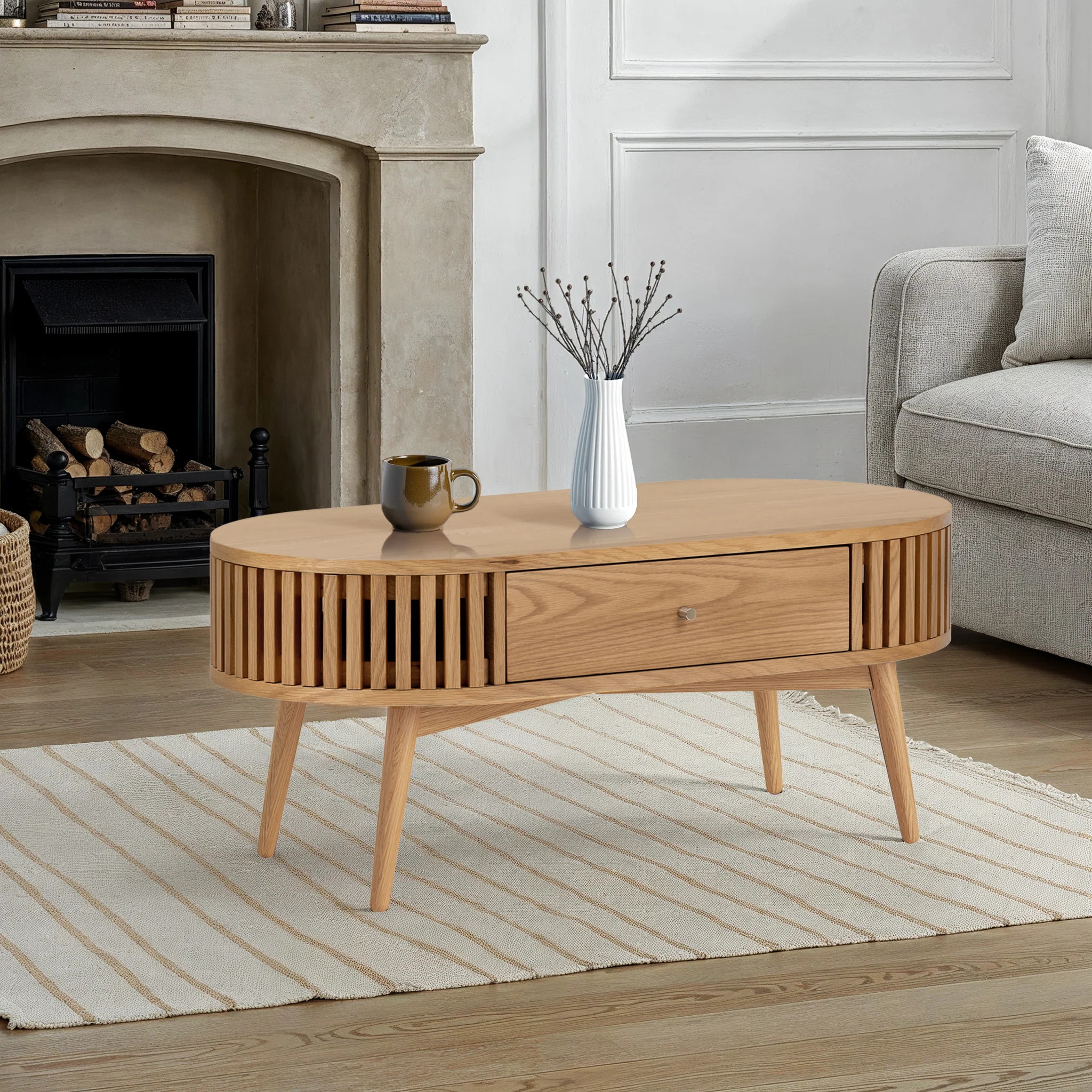 Shorwell Oak Slatted Oval 1 Drawer Coffee Table - Image 2