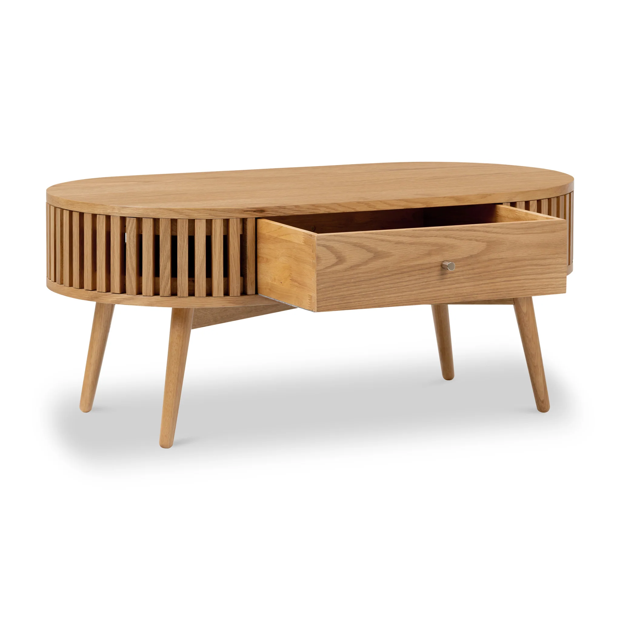 Shorwell Oak Slatted Oval 1 Drawer Coffee Table - Image 4