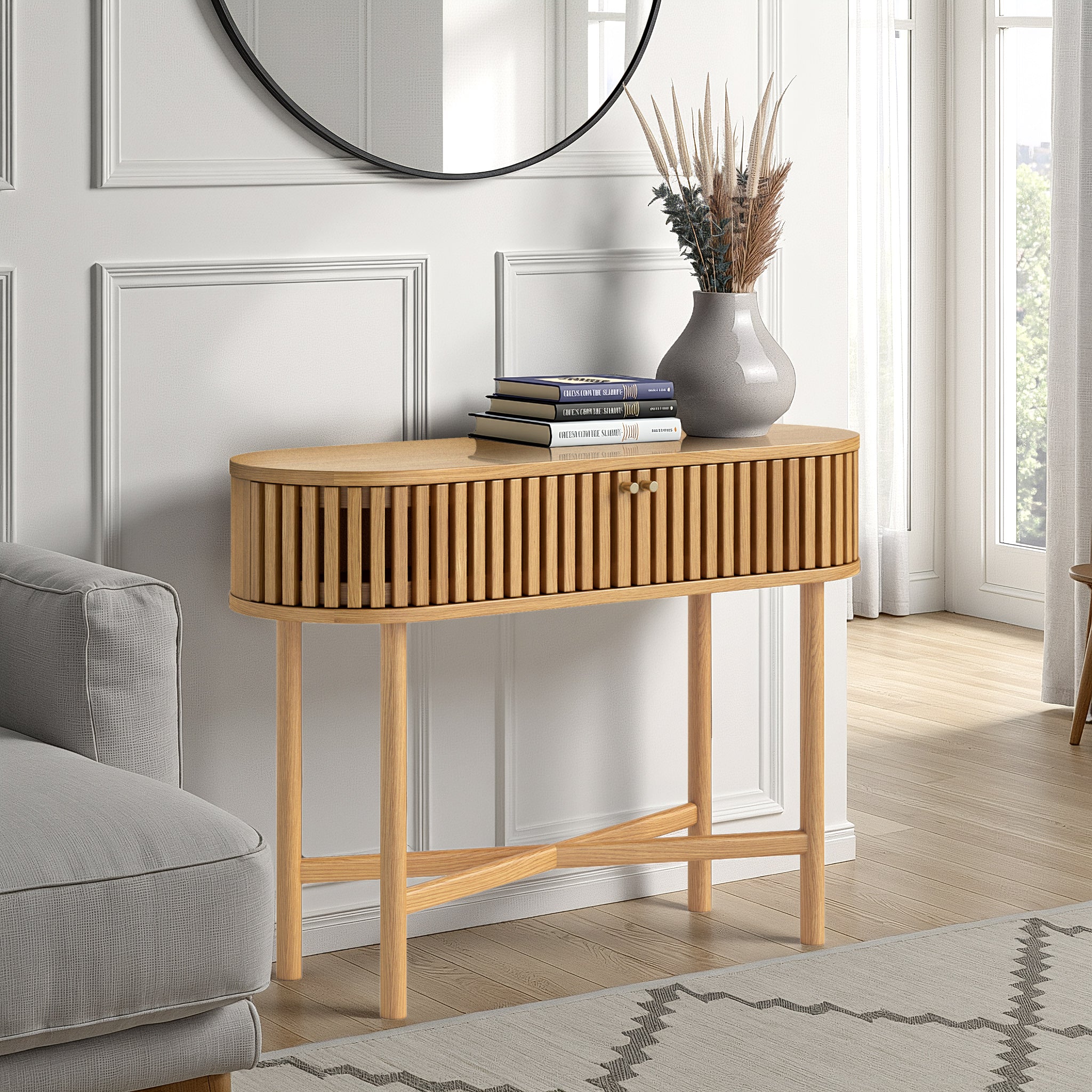 Shorwell Oak Slatted Oval Console Table - Image 2