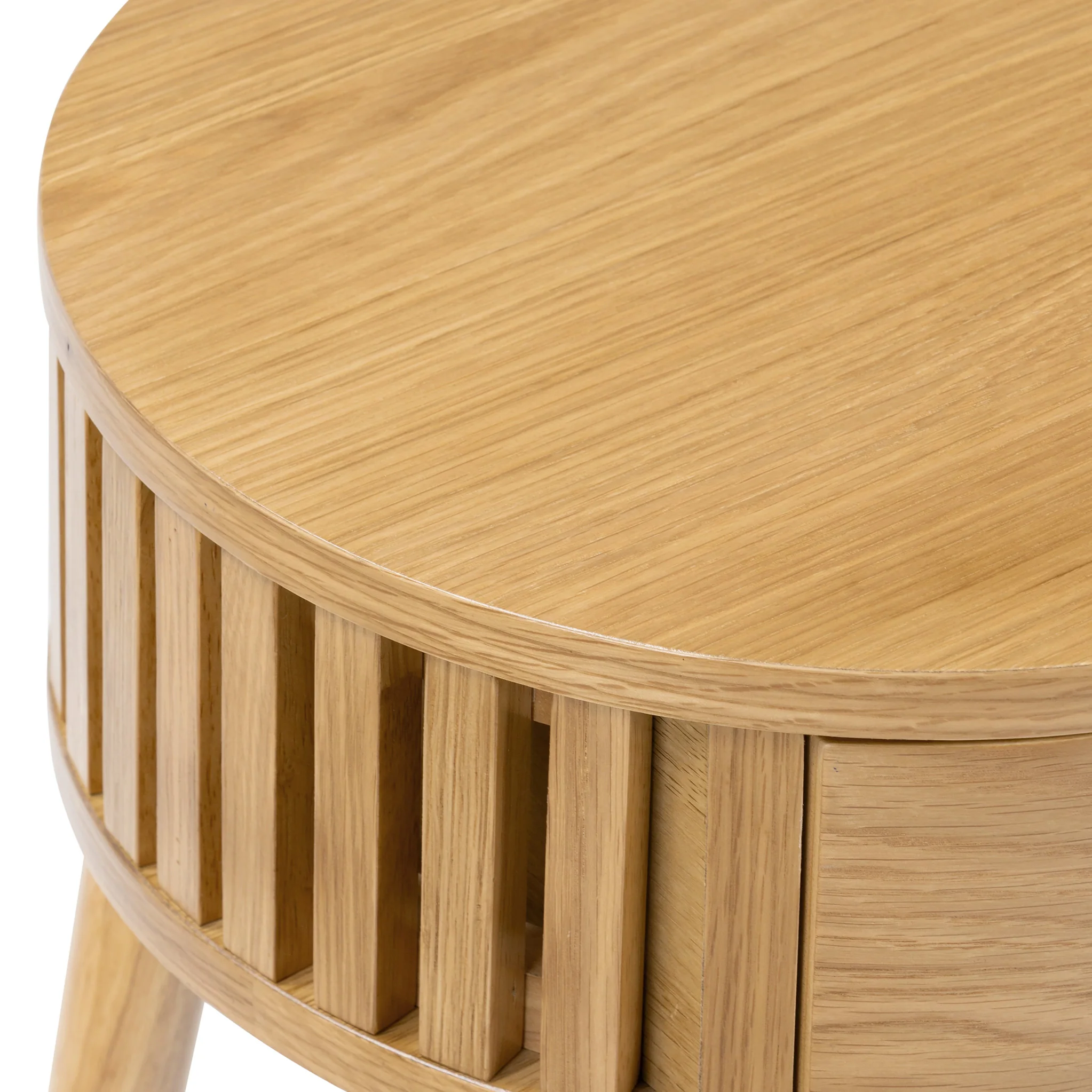 Shorwell Oak Slatted Round 1 Drawer Side Table - Image 10