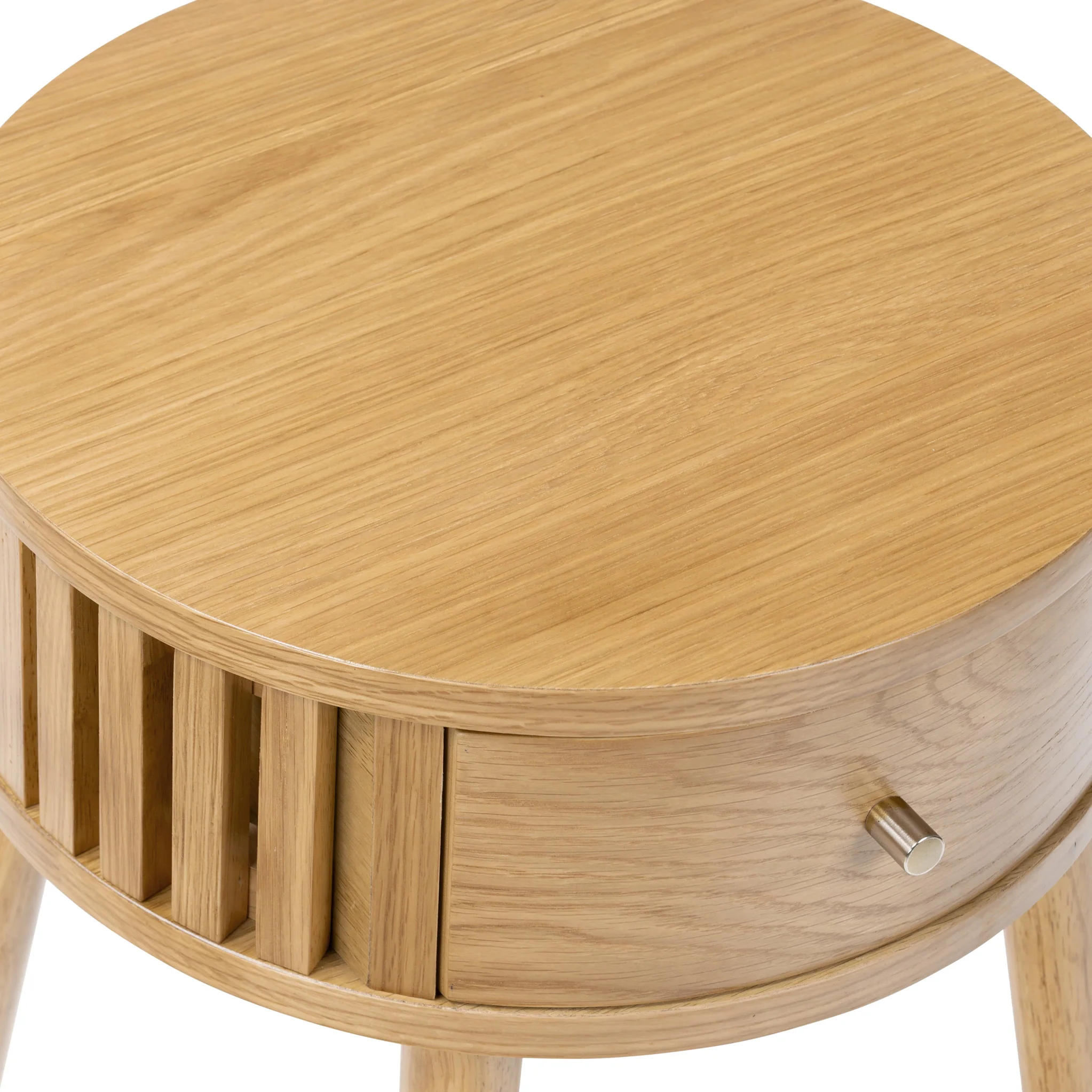 Shorwell Oak Slatted Round 1 Drawer Side Table - Image 11