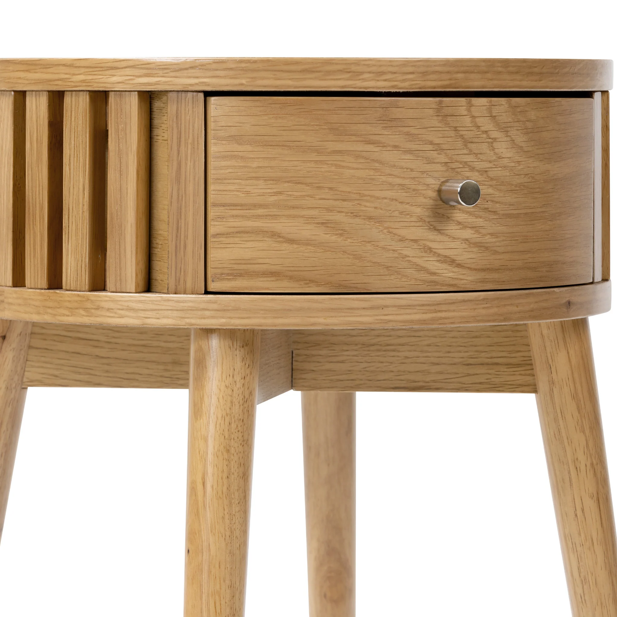 Shorwell Oak Slatted Round 1 Drawer Side Table - Image 12