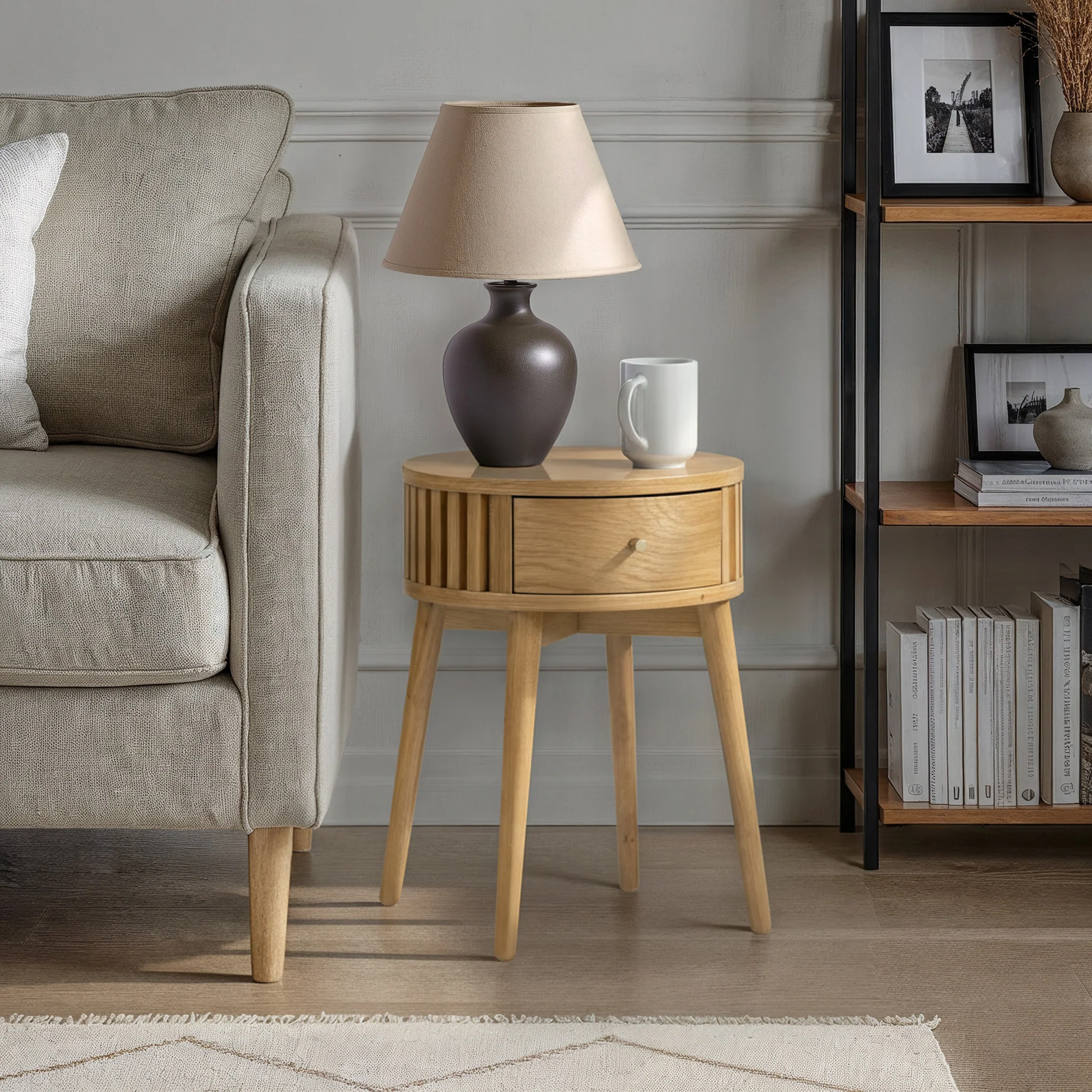 Shorwell Oak Slatted Round 1 Drawer Side Table - Image 2