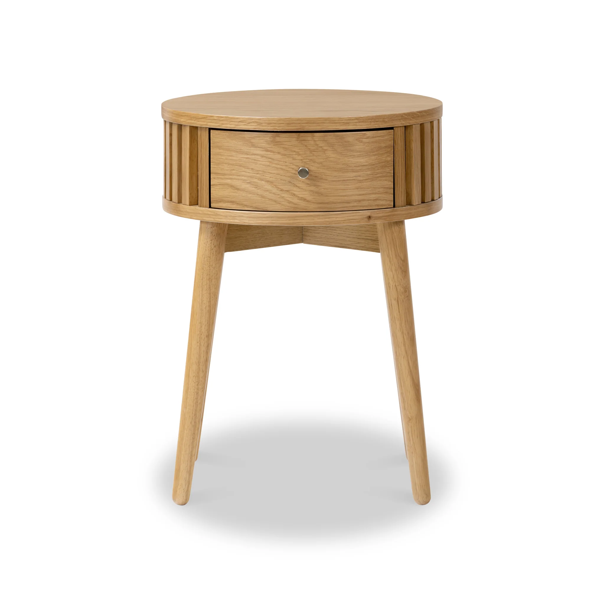 Shorwell Oak Slatted Round 1 Drawer Side Table - Image 3