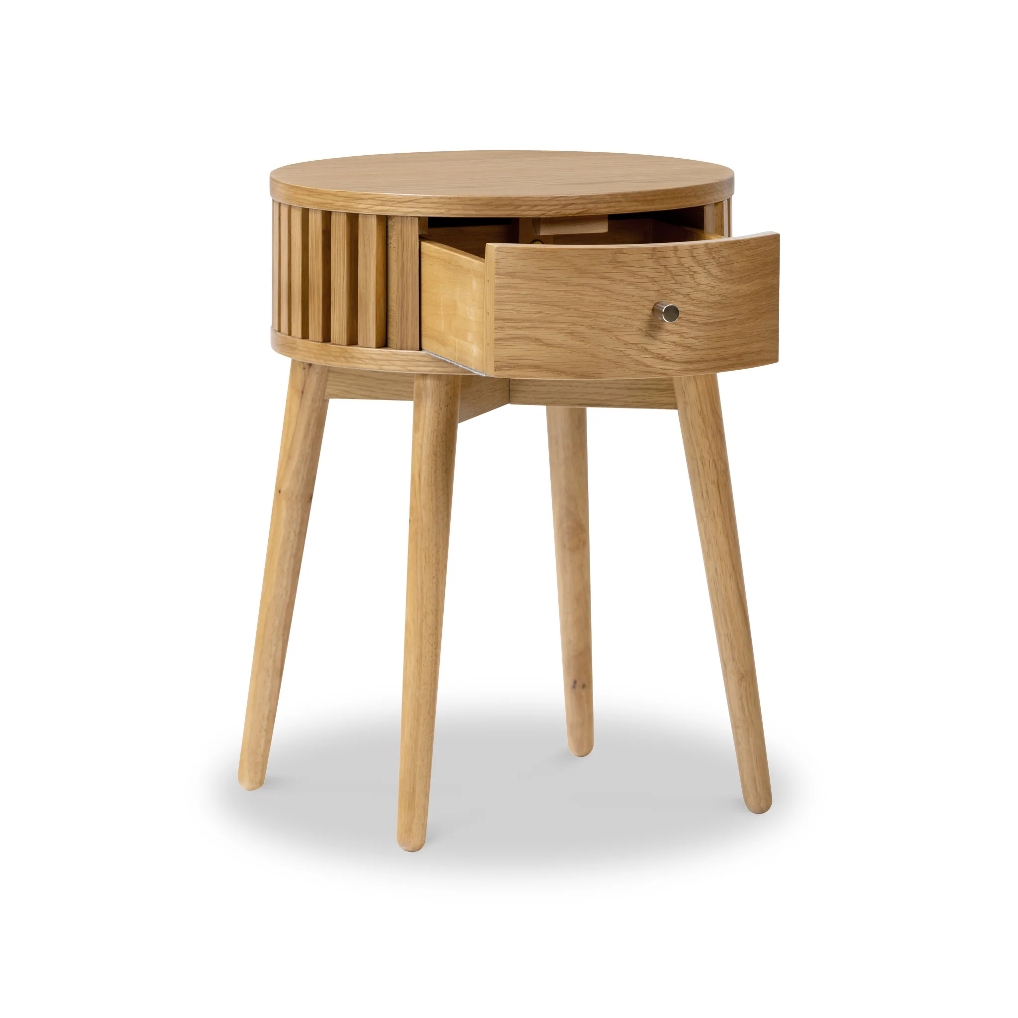 Shorwell Oak Slatted Round 1 Drawer Side Table - Image 4