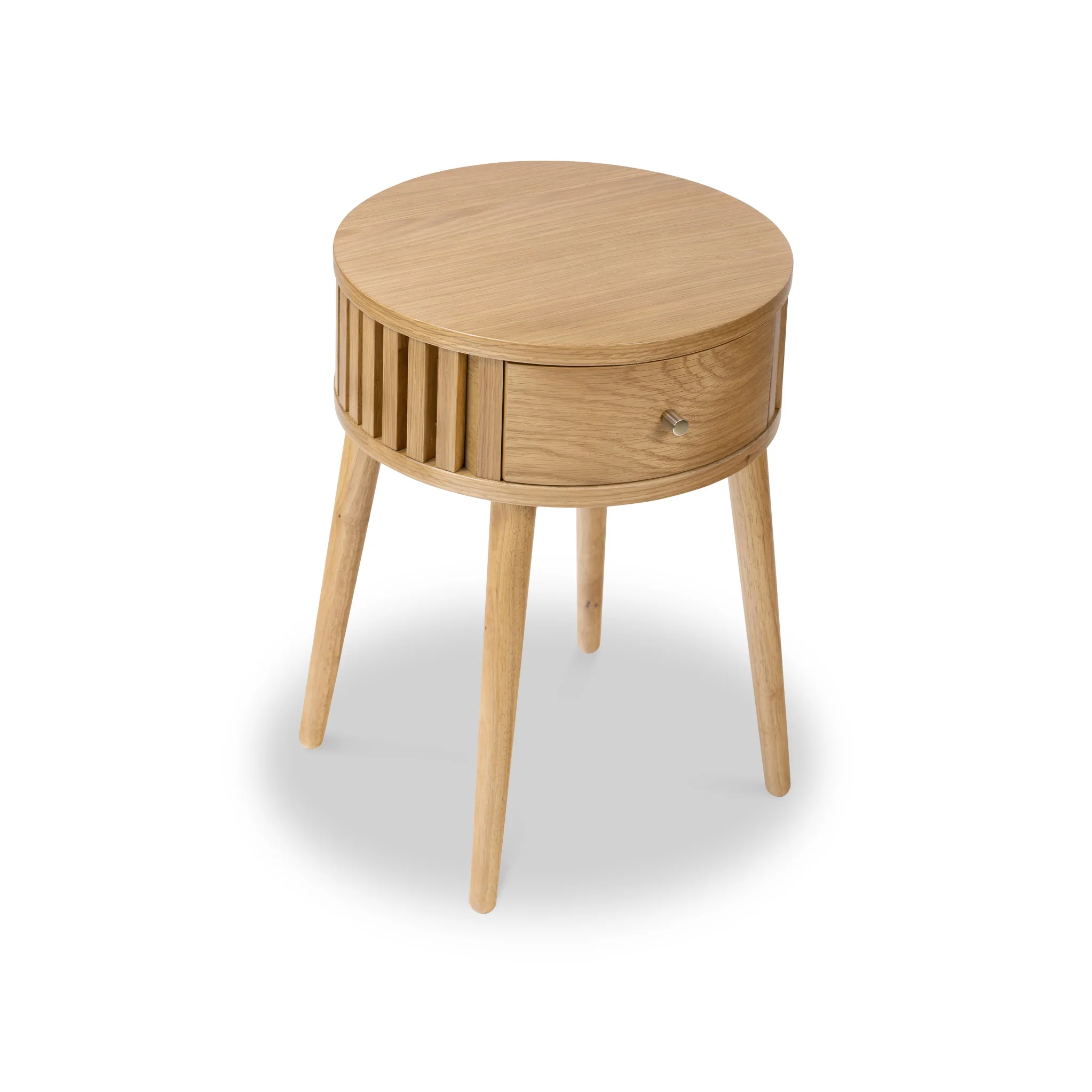 Shorwell Oak Slatted Round 1 Drawer Side Table - Image 5