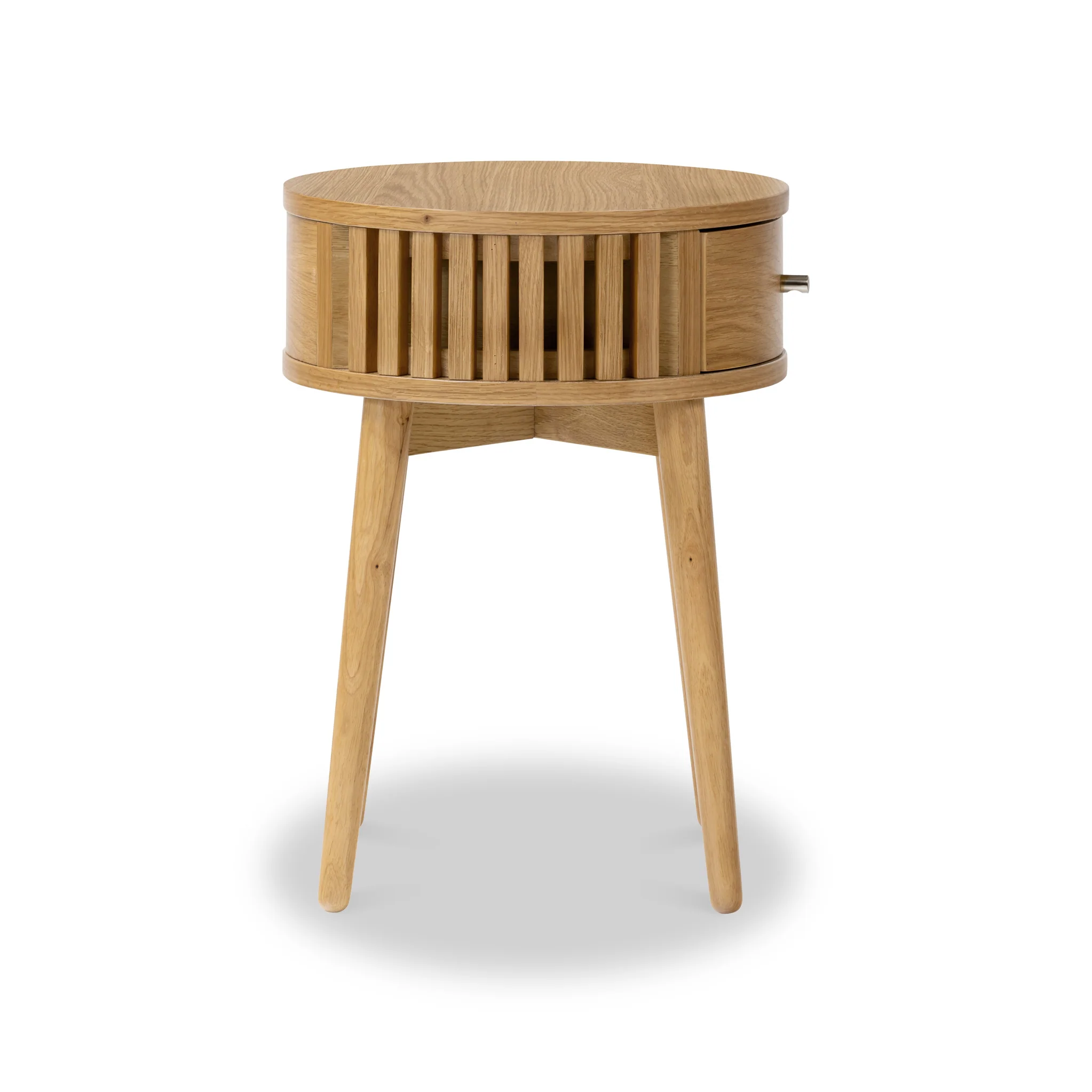 Shorwell Oak Slatted Round 1 Drawer Side Table - Image 6