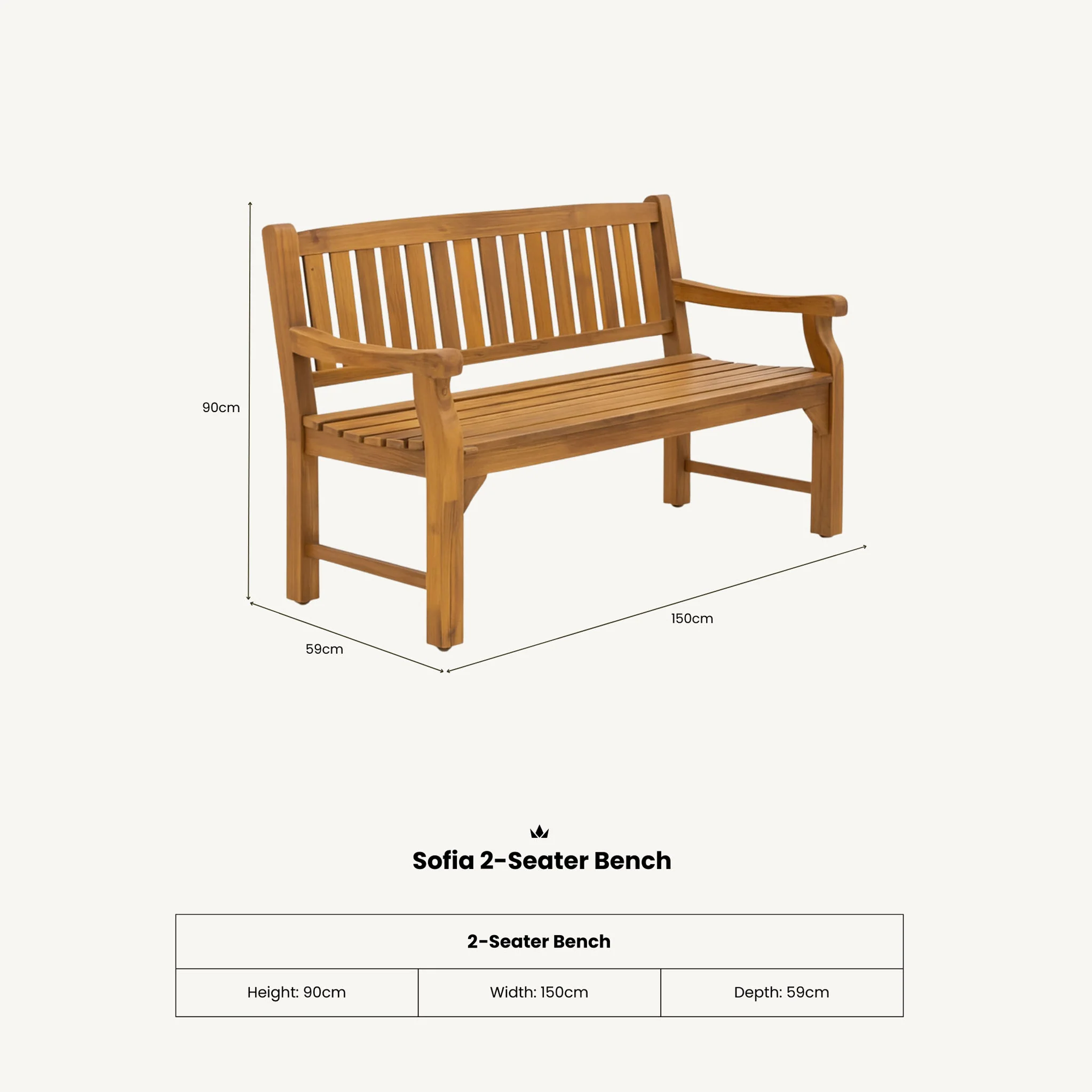 Sofia 150cm 2 Seater Acacia Garden Bench - Image 6