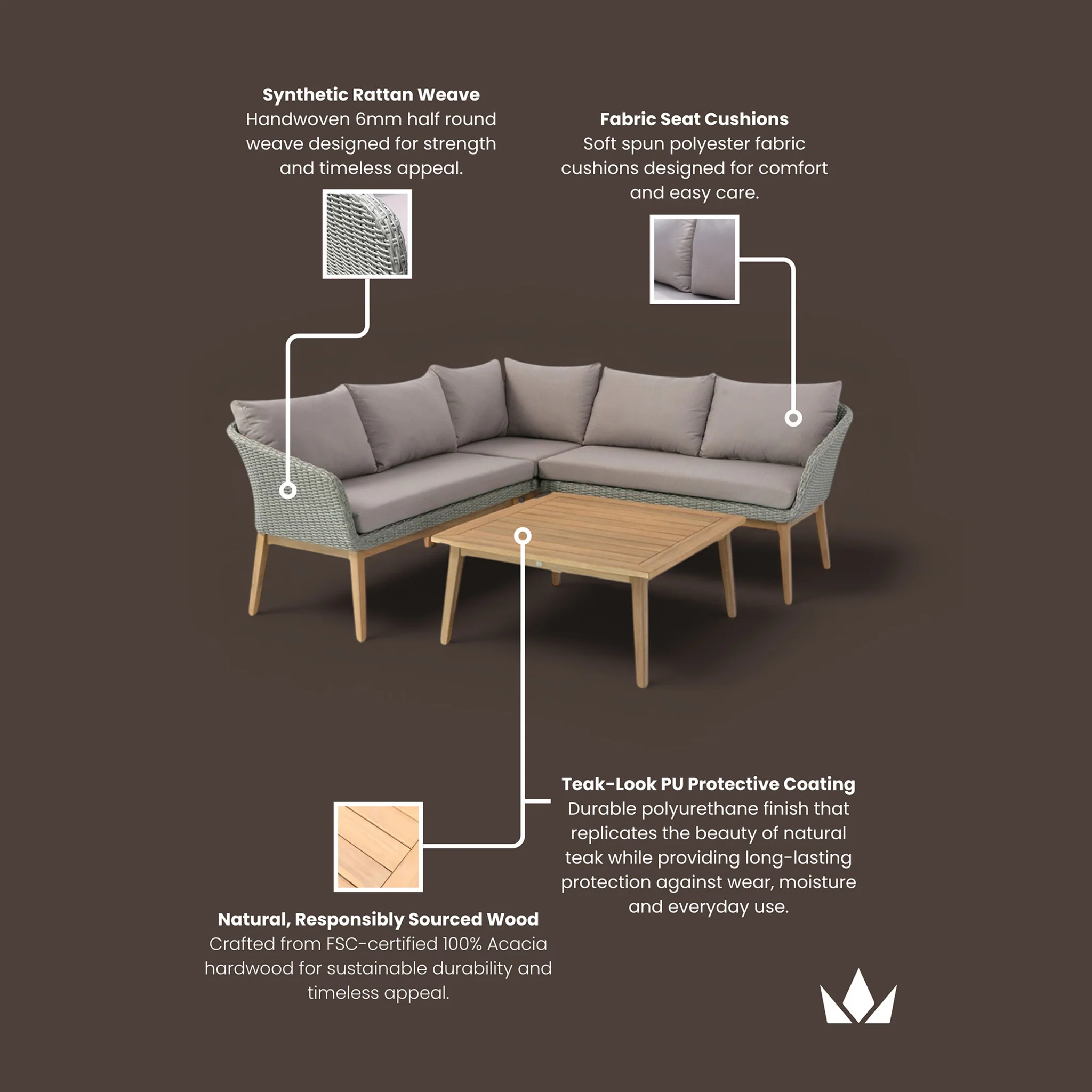 Sol 5 Seater Corner Lounge Set with Square Coffee Table - Image 12