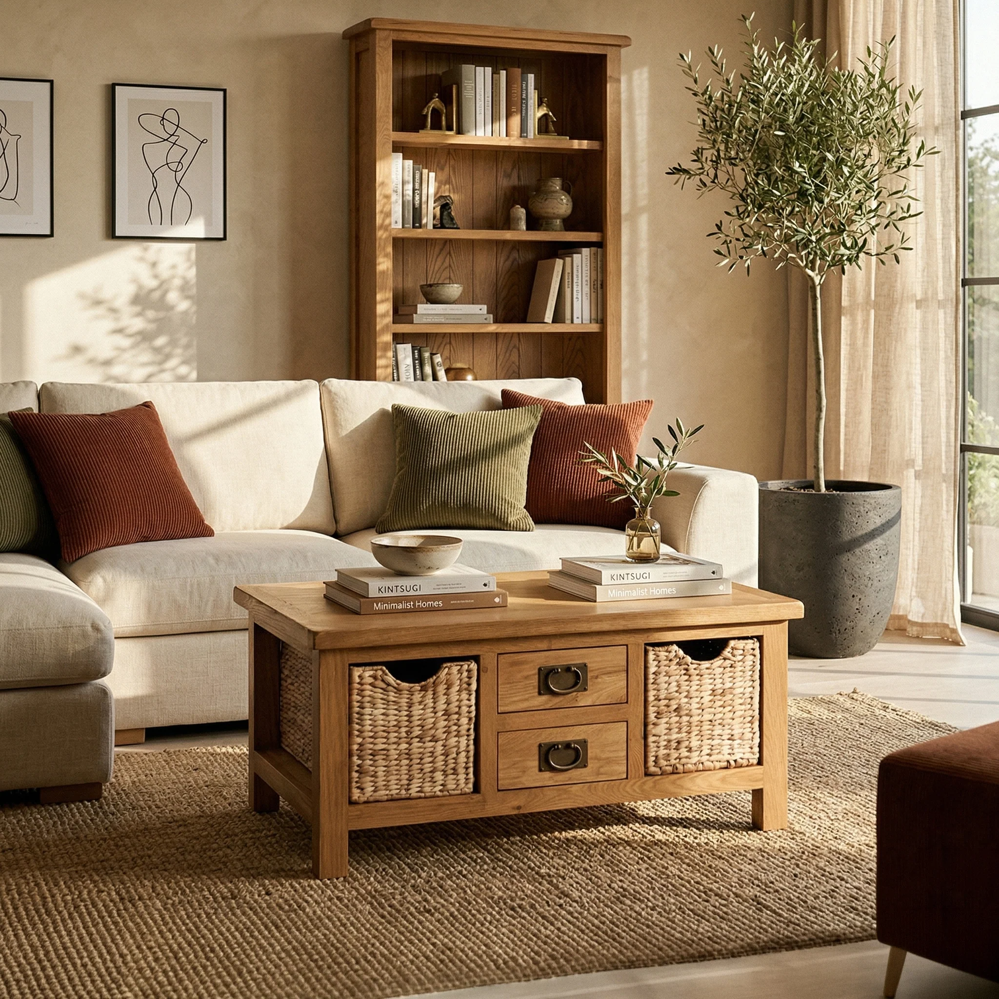 Surrey Oak Coffee Table with Baskets - Image 2