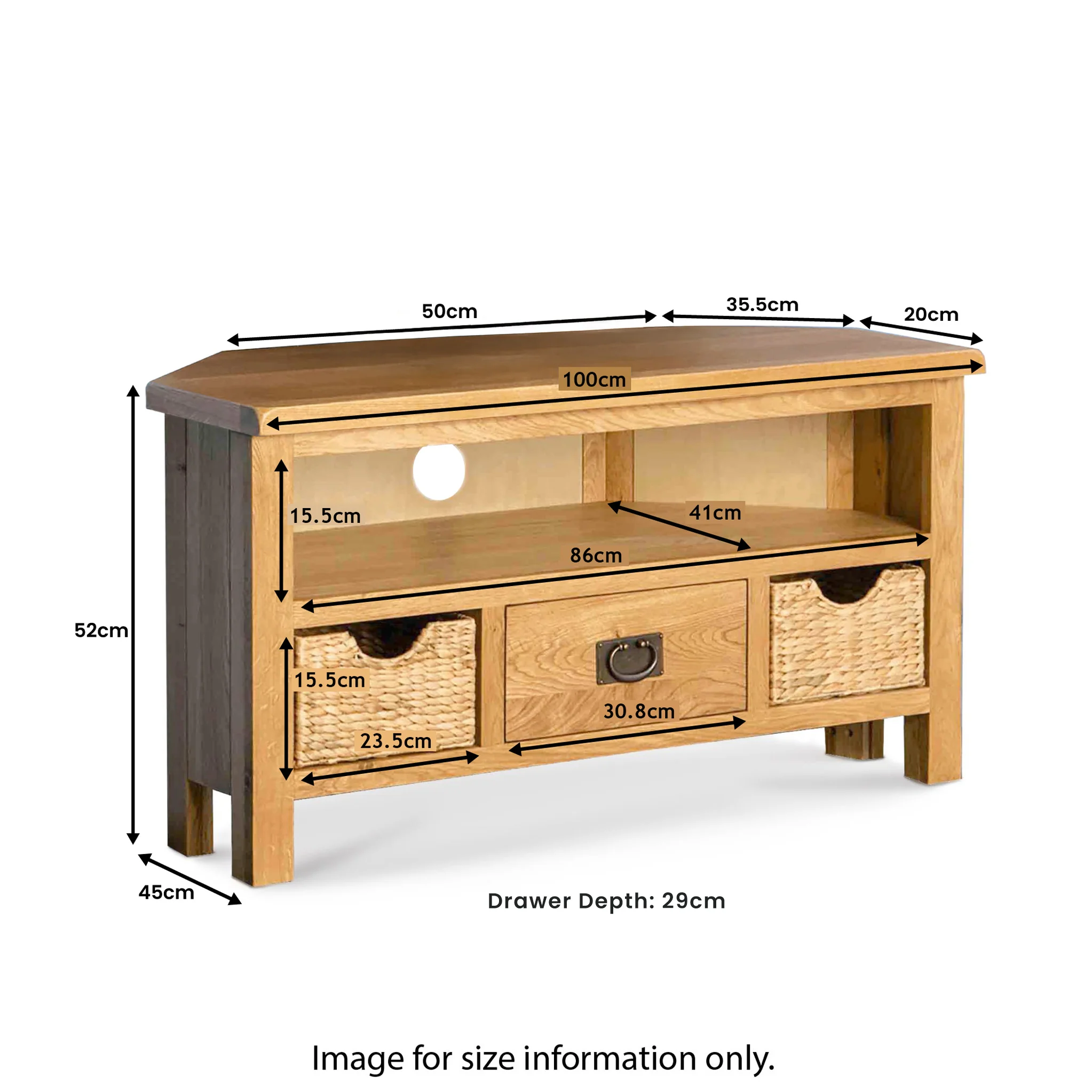 Surrey Oak Corner TV Stand with Baskets - Image 14