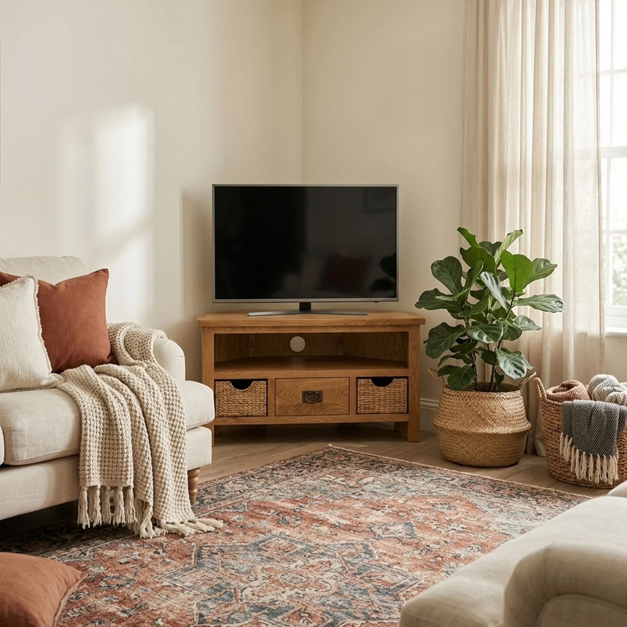 Surrey Oak Corner TV Stand with Baskets - Image 2