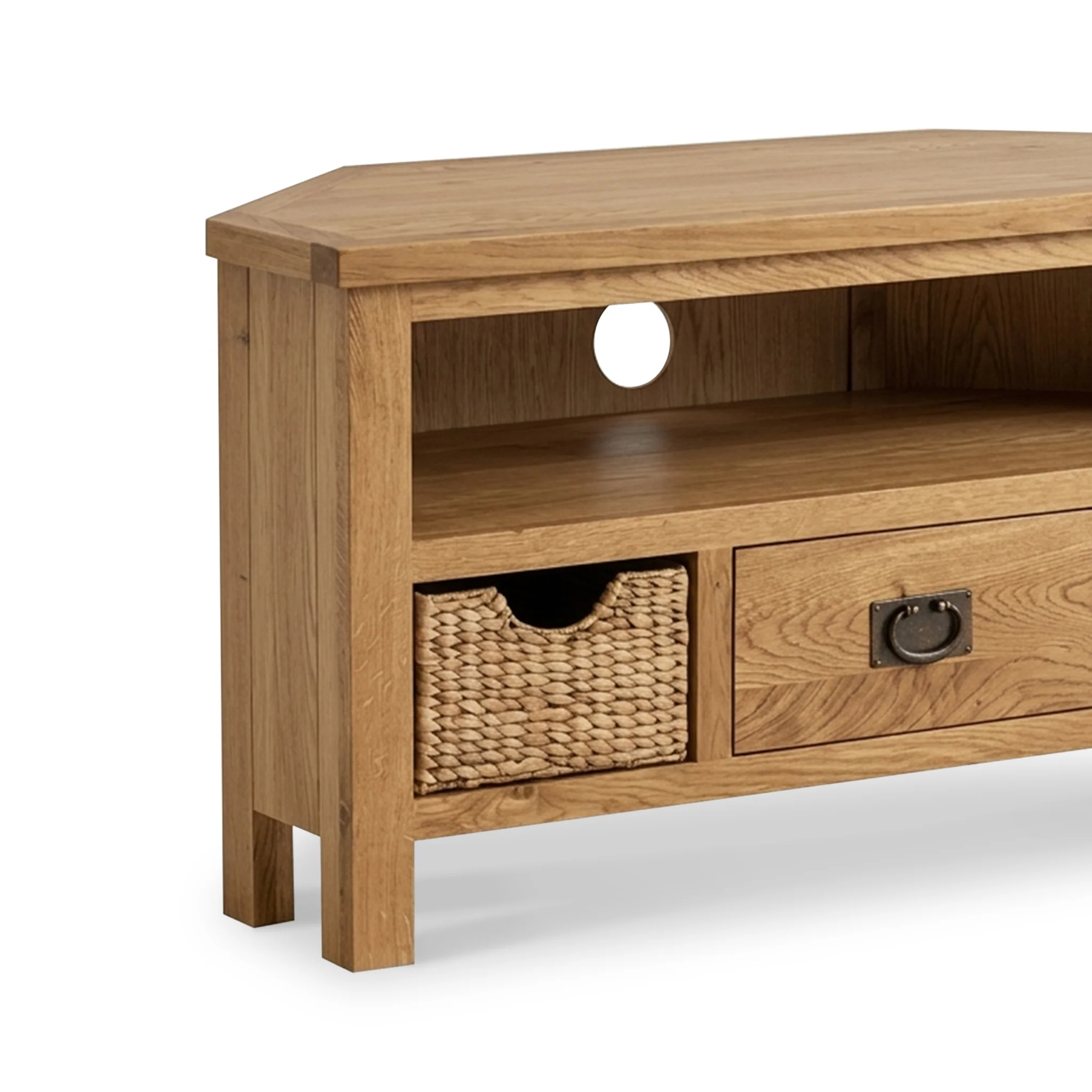 Surrey Oak Corner TV Stand with Baskets - Image 4