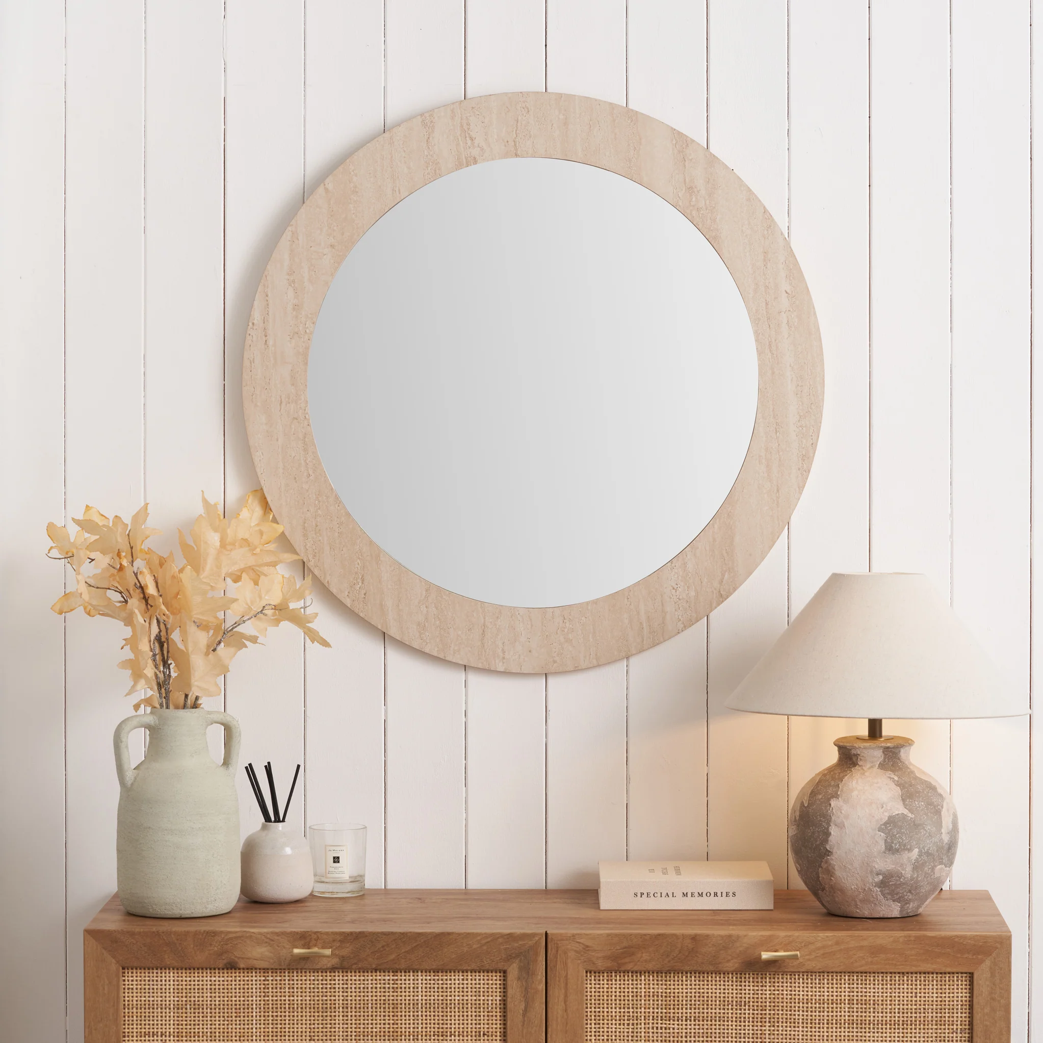 Travertine Effect Round Wall Mirror - Image 2