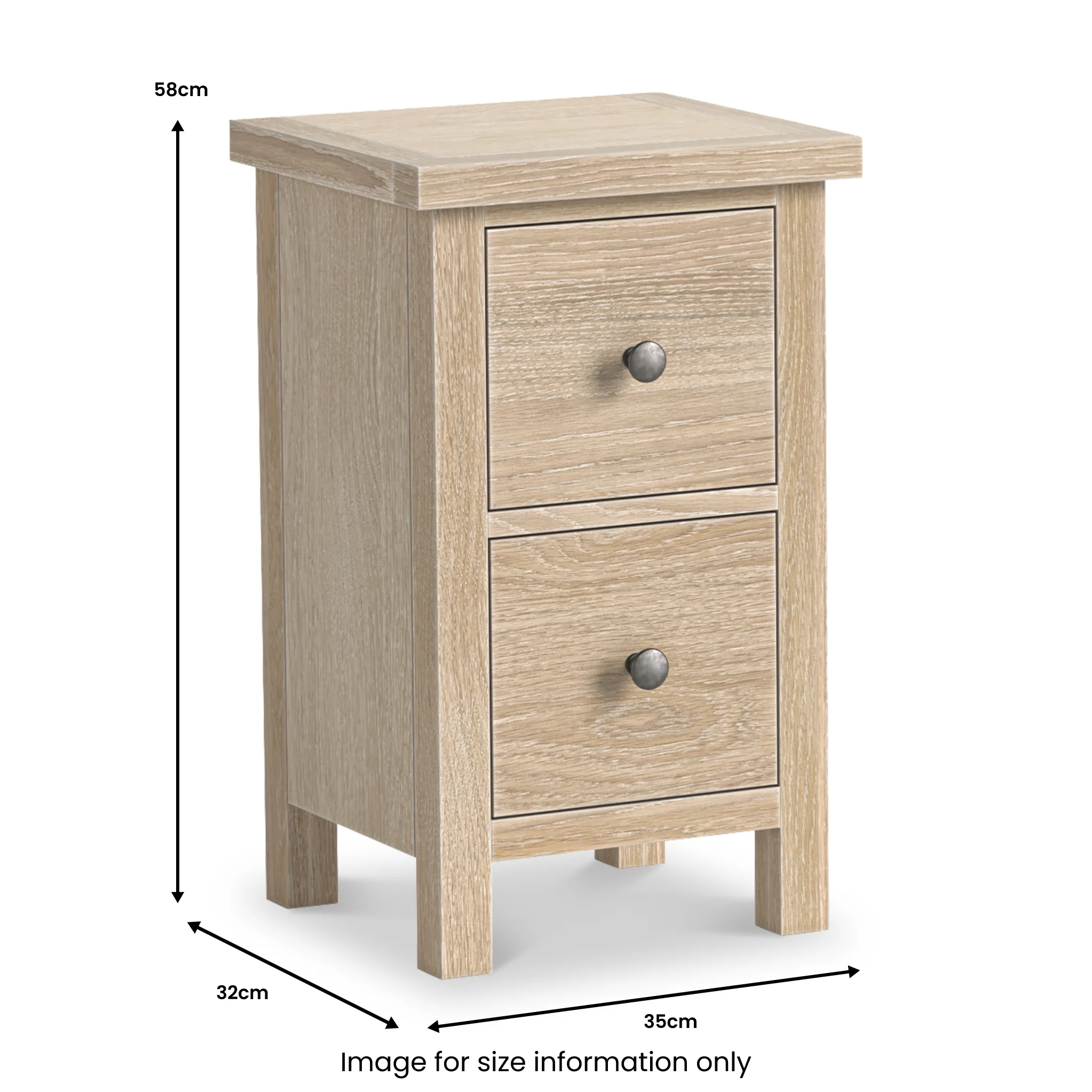 Trelan Washed Oak 2 Drawer Slim Bedside Table - Image 3
