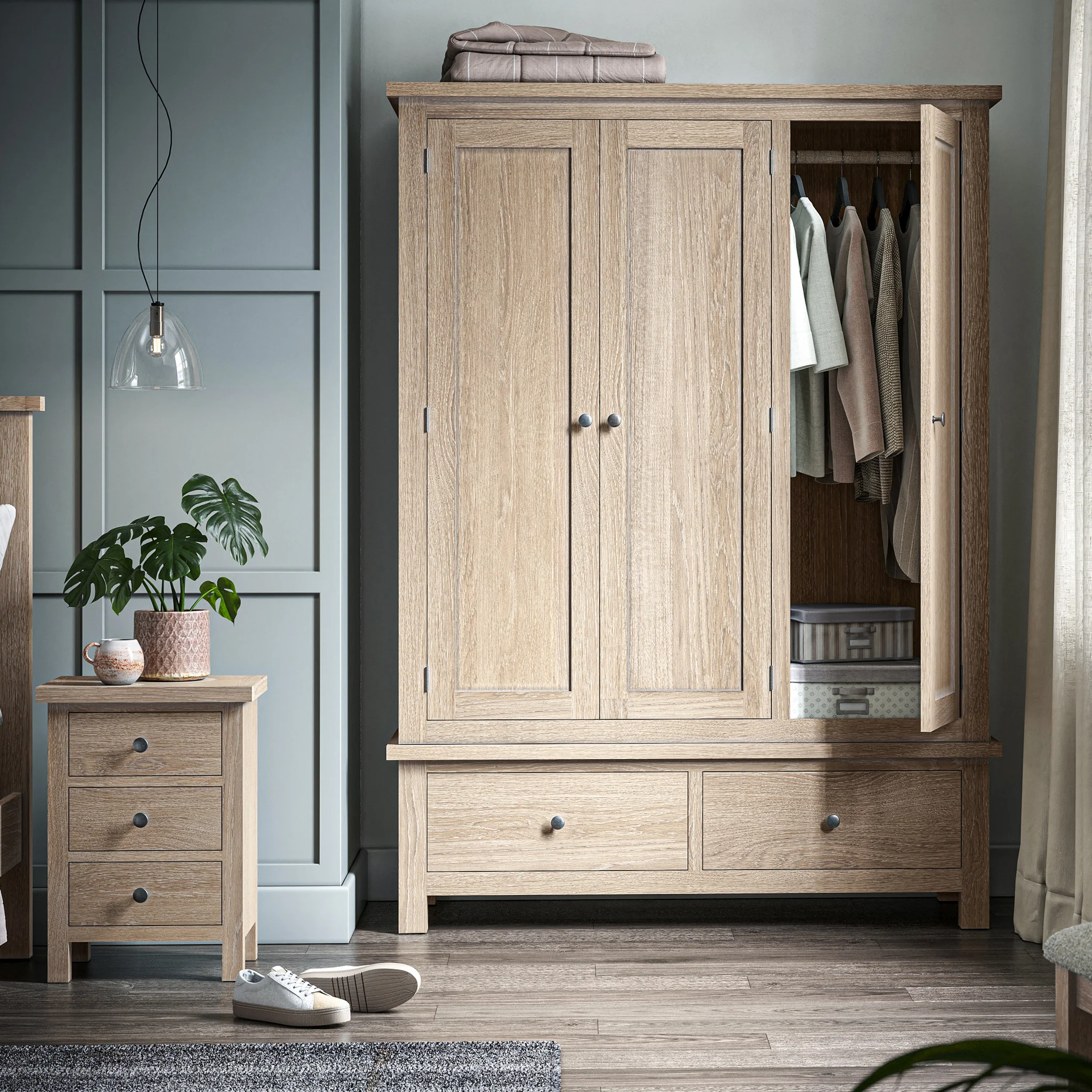 Trelan Washed Oak 2 Drawer Triple Wardrobe - Image 2
