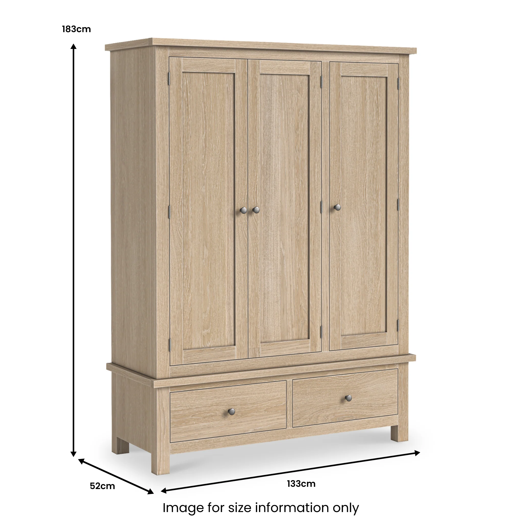 Trelan Washed Oak 2 Drawer Triple Wardrobe - Image 4