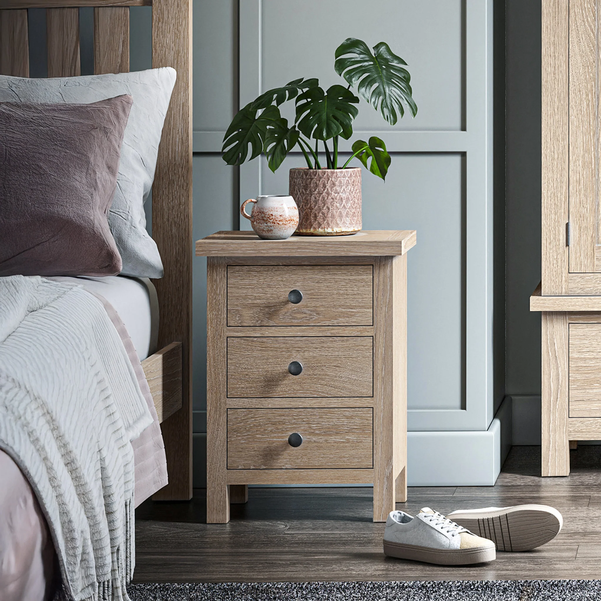 Trelan Washed Oak 3 Drawer Bedside Table - Image 2