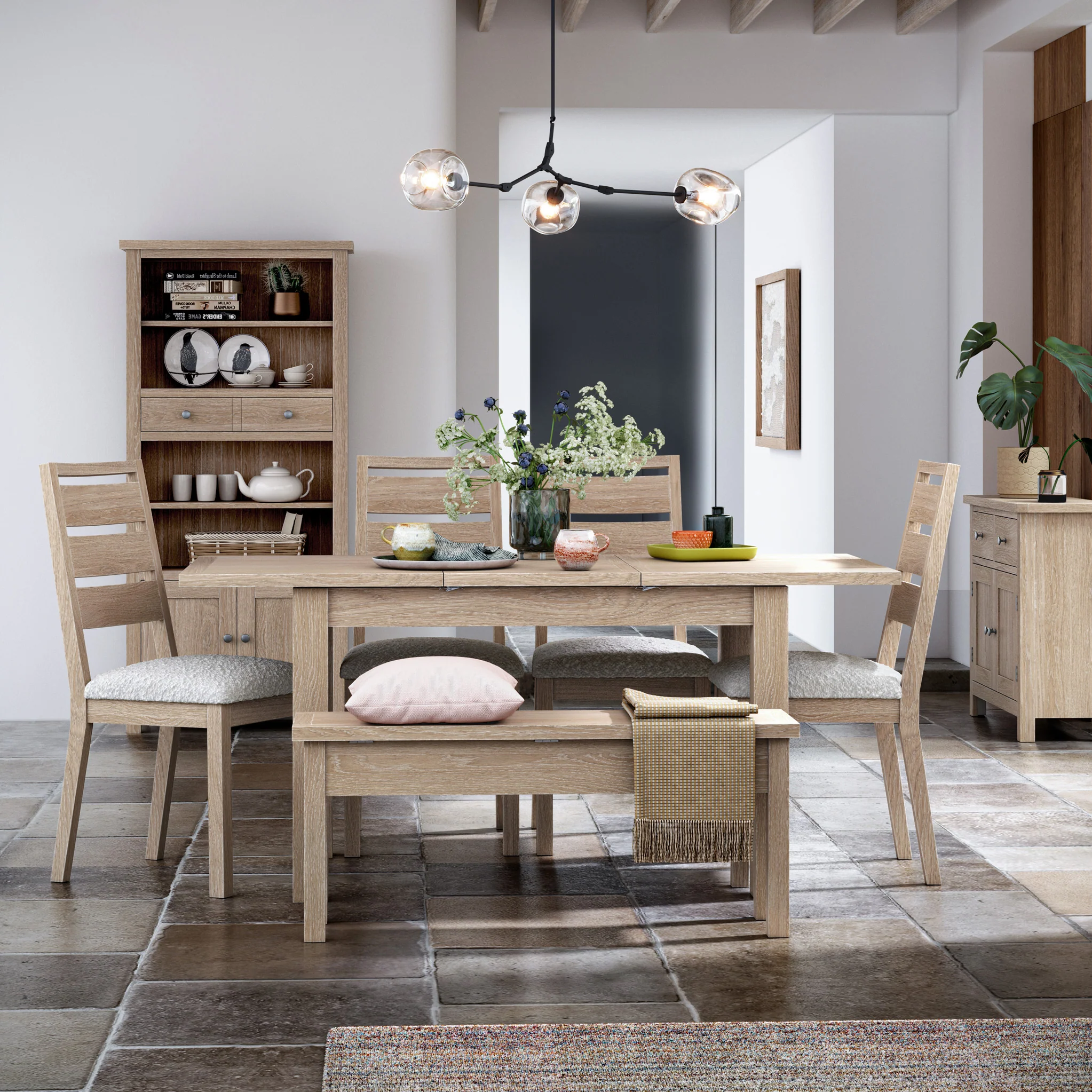 Trelan Washed Oak Boucle Slatted Back Dining Chair - Image 2