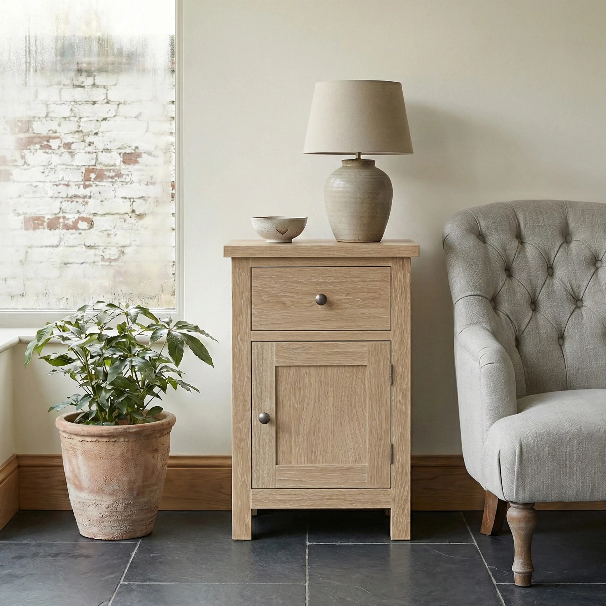 Trelan Washed Oak Single Drawer Small Cupboard - Image 2