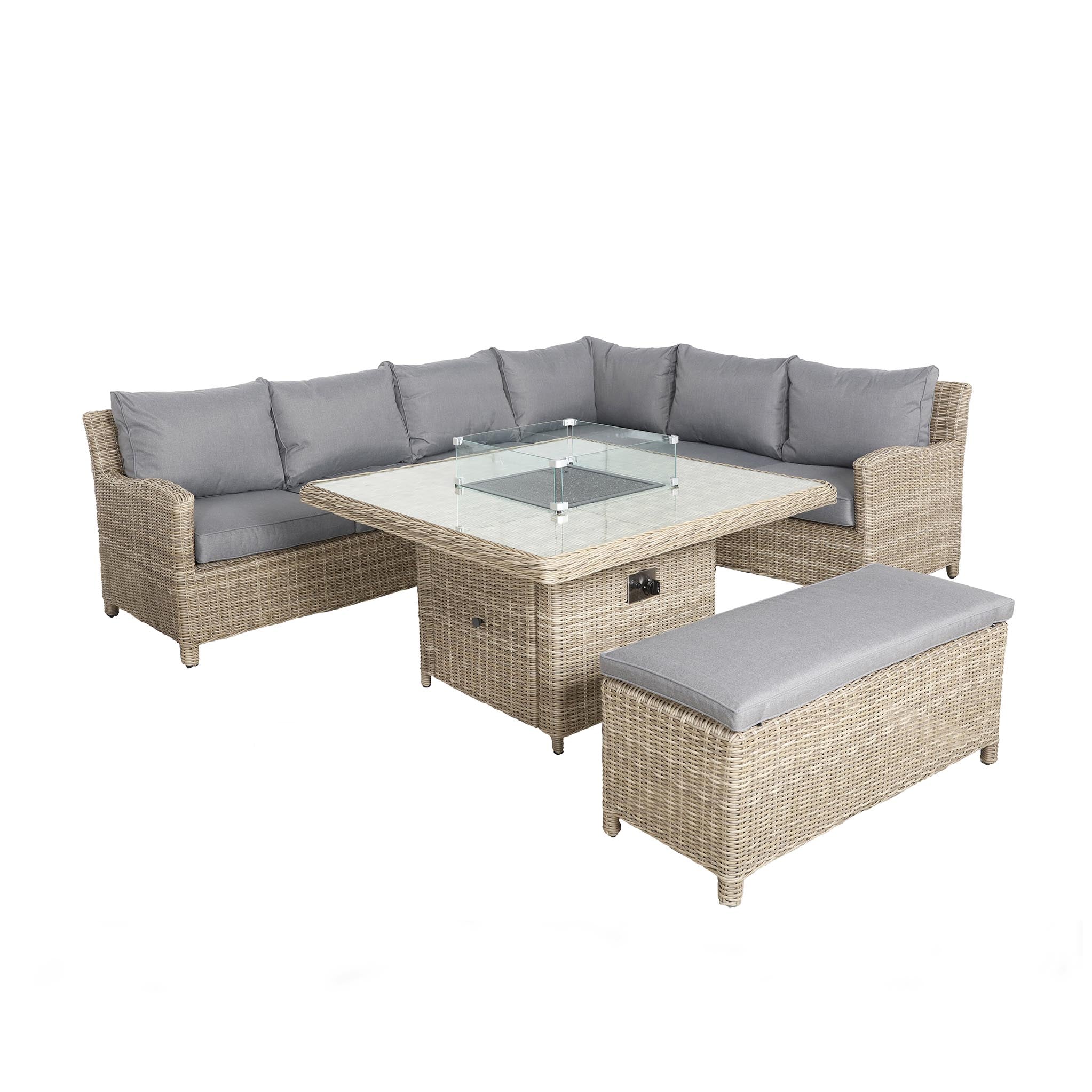 Wentworth 120cm Fire Pit Dine or Lounge Rattan Set with Bench - Image 10