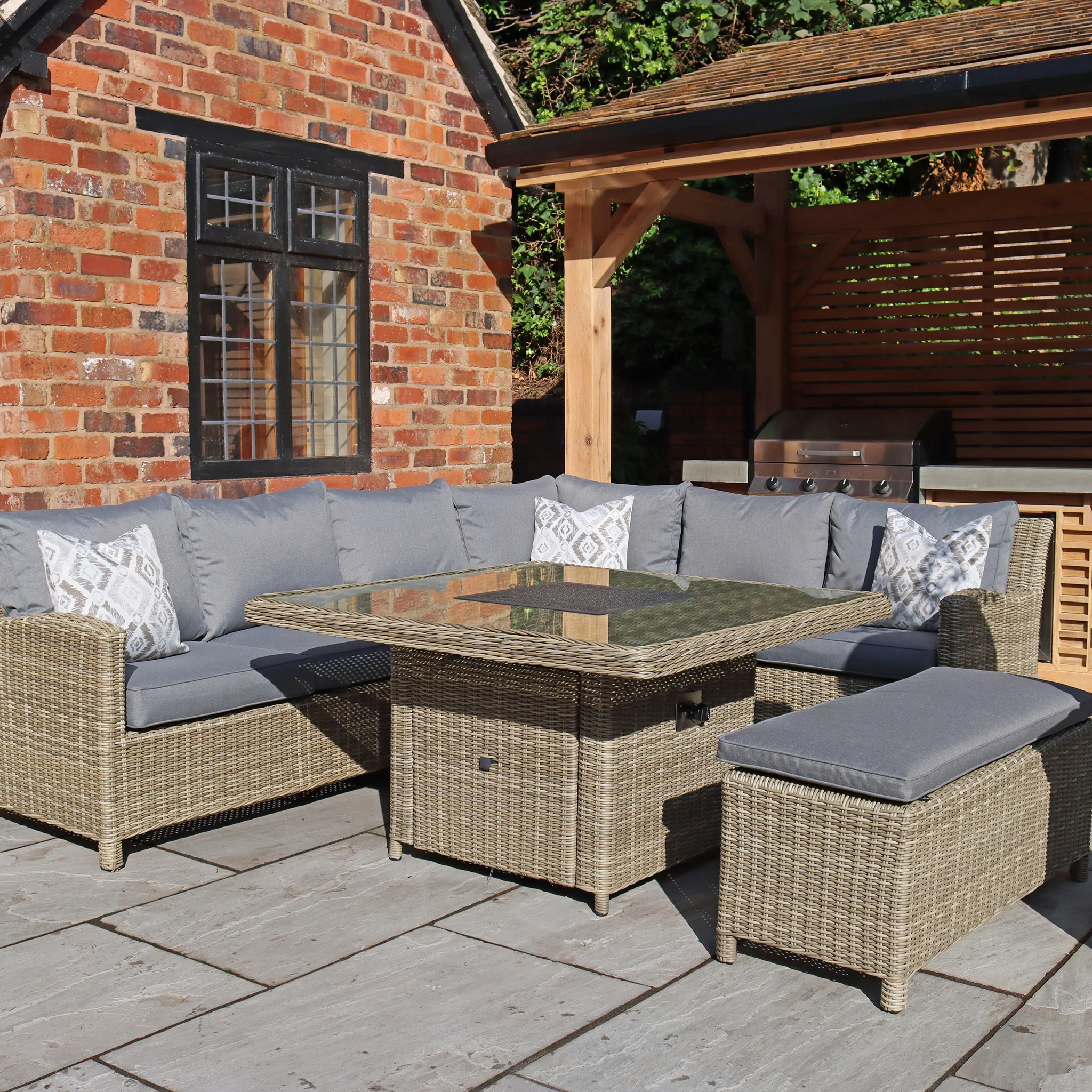 Wentworth 120cm Fire Pit Dine or Lounge Rattan Set with Bench - Image 3