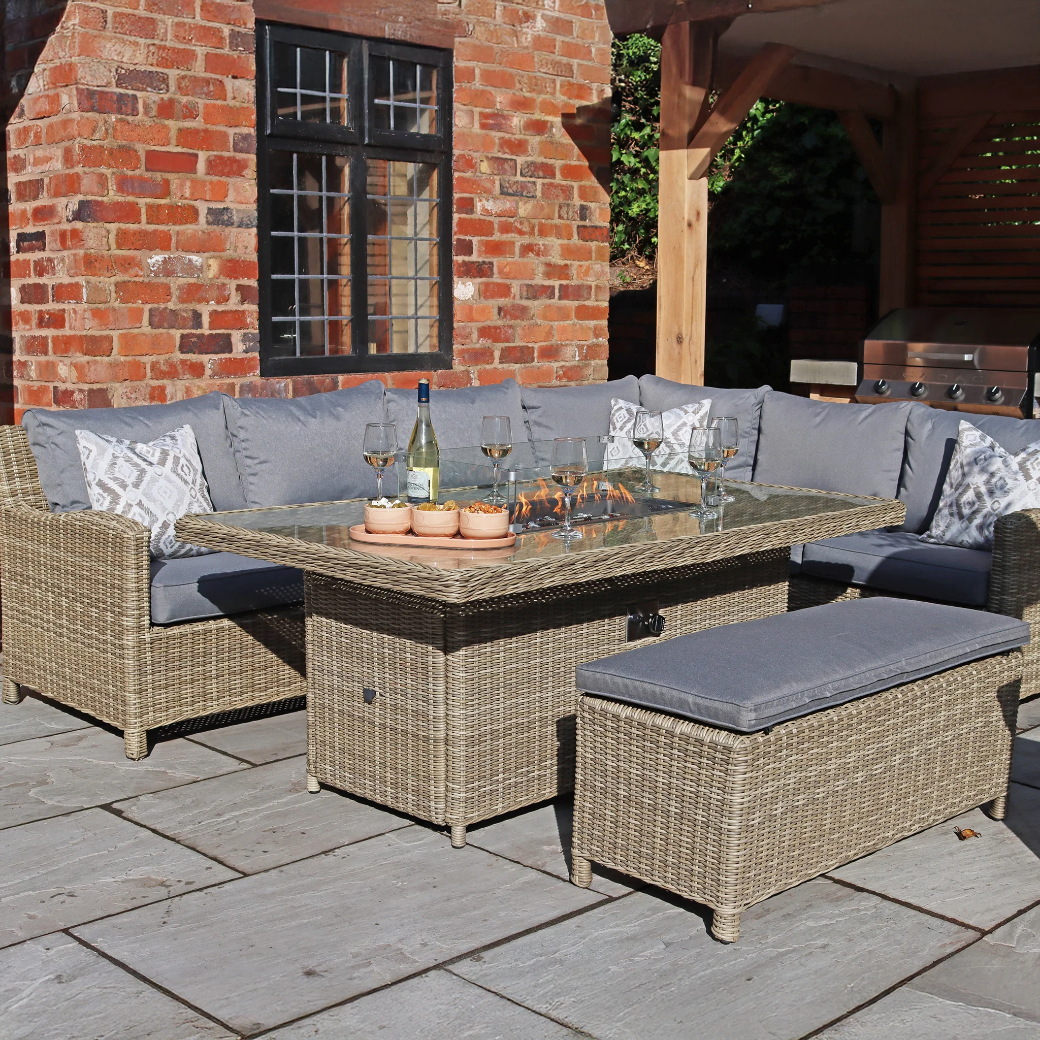Wentworth 170cm Fire Pit Dine or Lounge Rattan Set with Bench - Image 3