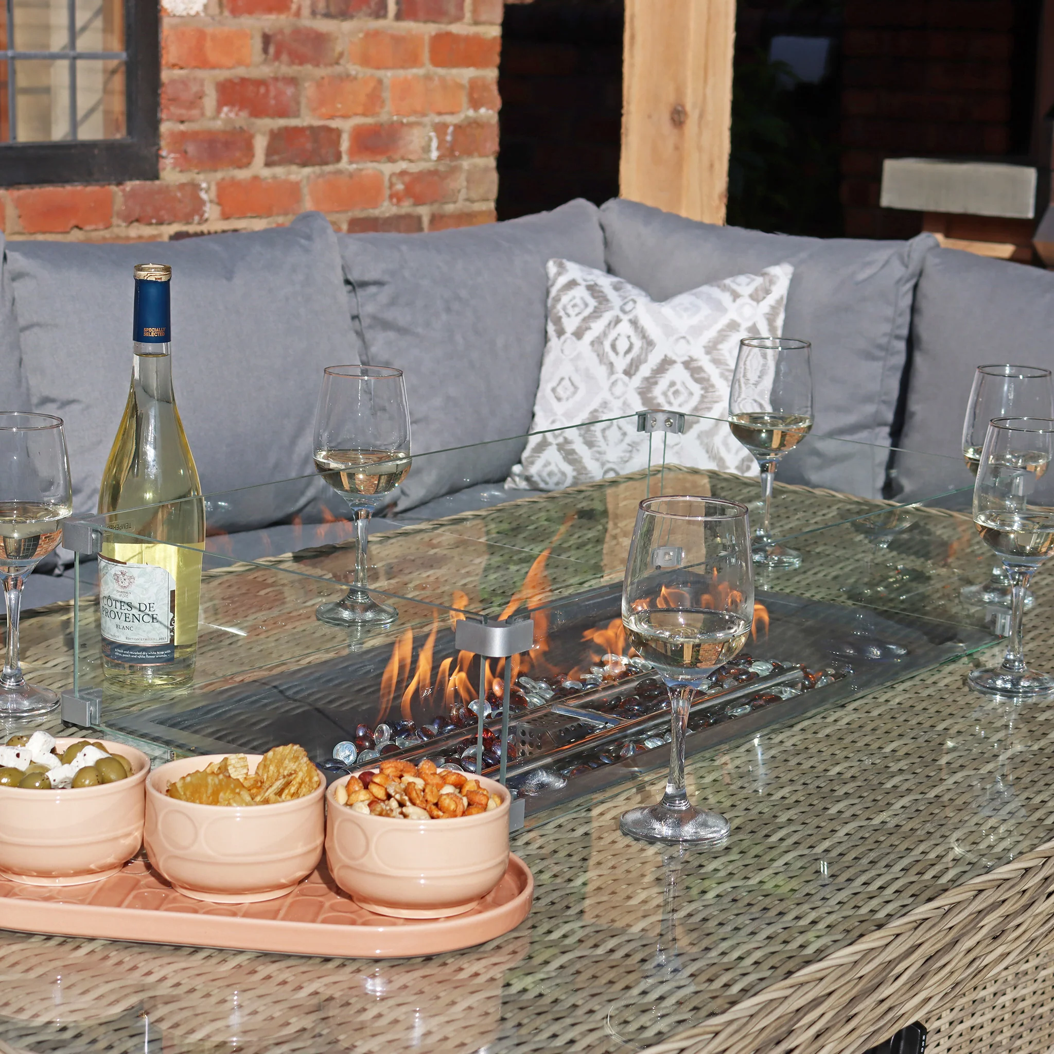 Wentworth 170cm Fire Pit Dine or Lounge Rattan Set with Bench - Image 4