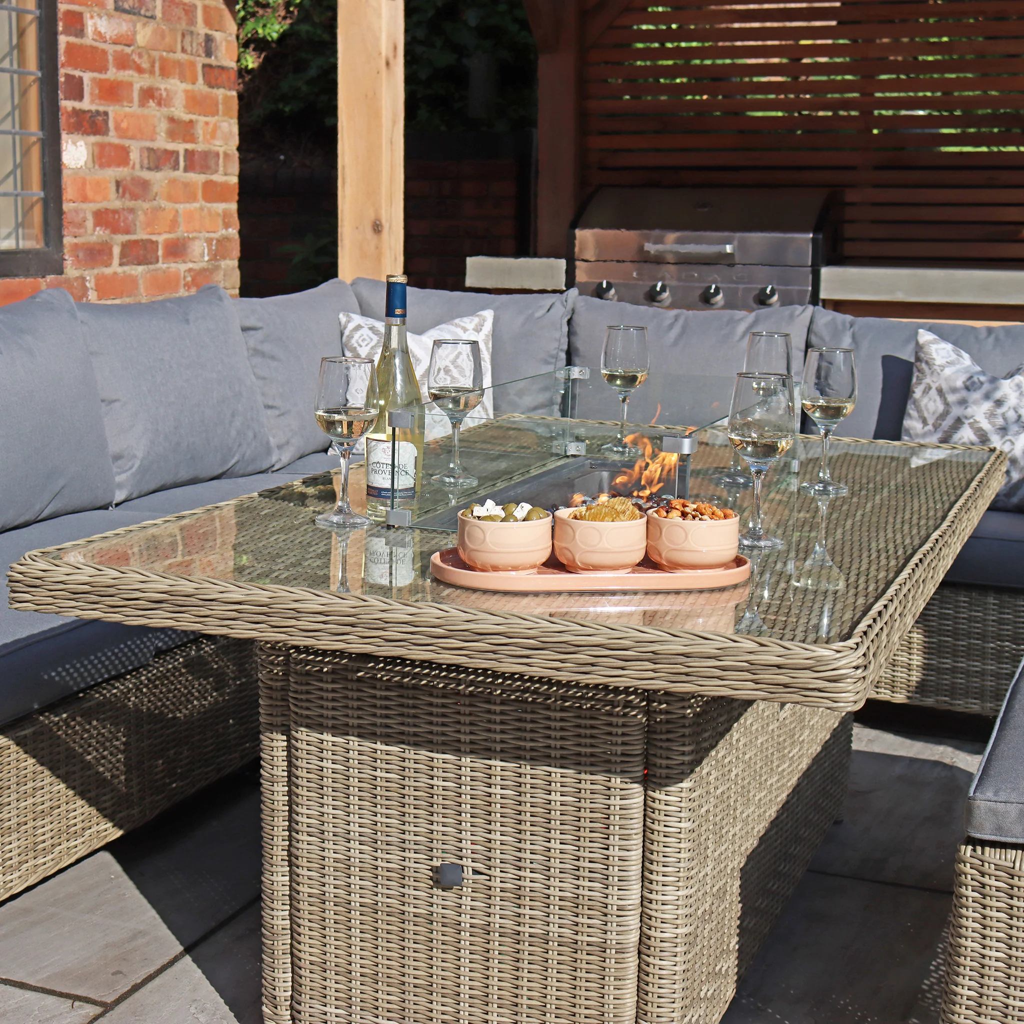 Wentworth 170cm Fire Pit Dine or Lounge Rattan Set with Bench - Image 7
