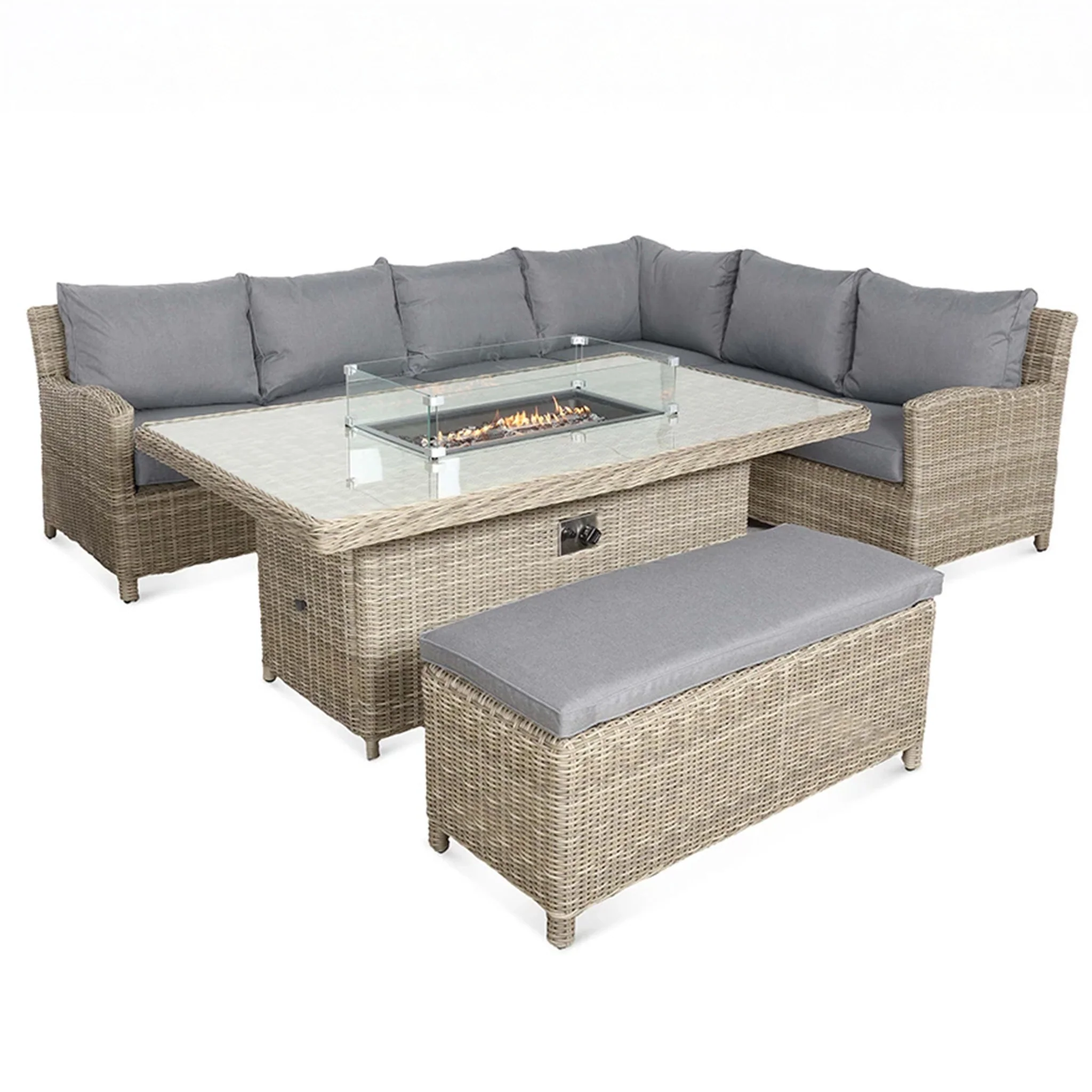 Wentworth 170cm Fire Pit Dine or Lounge Rattan Set with Bench - Image 9